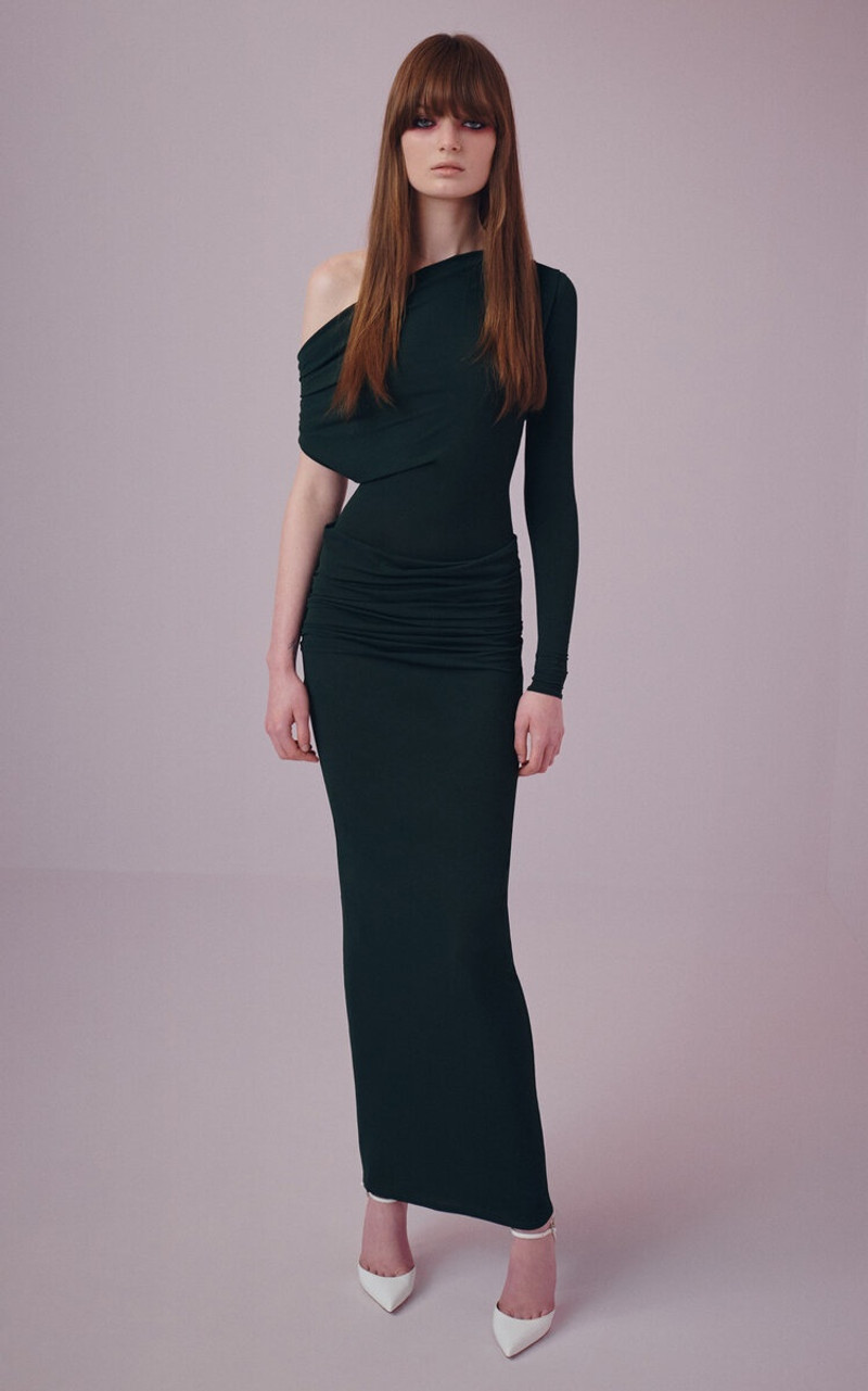 ALEX PERRY Asymmetric Draped Crepe Jersey Maxi Dress dark green outlook