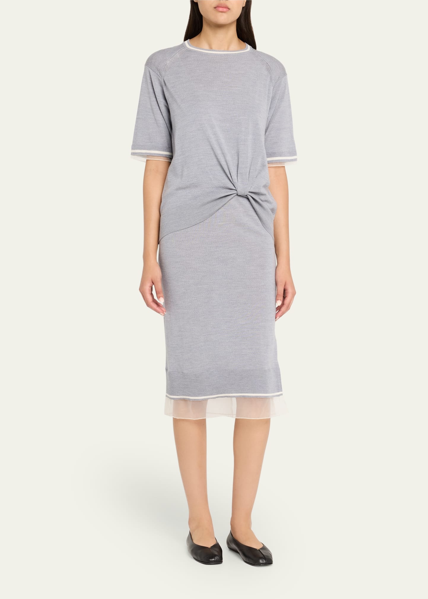 Short-Sleeve Draped Wool Organza Dress - 4