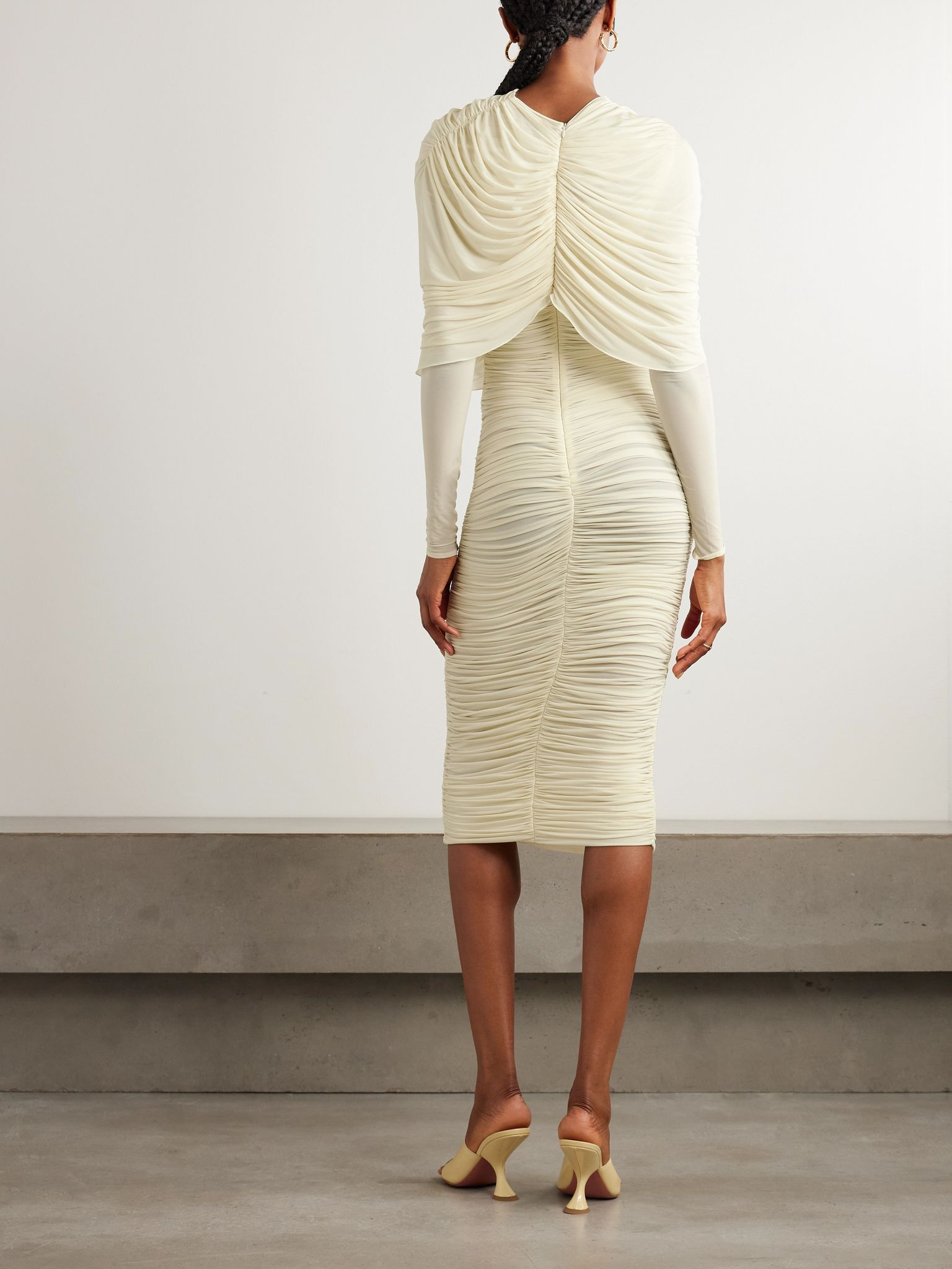 Draped cape-effect ruched stretch-tulle dress Cream - 3