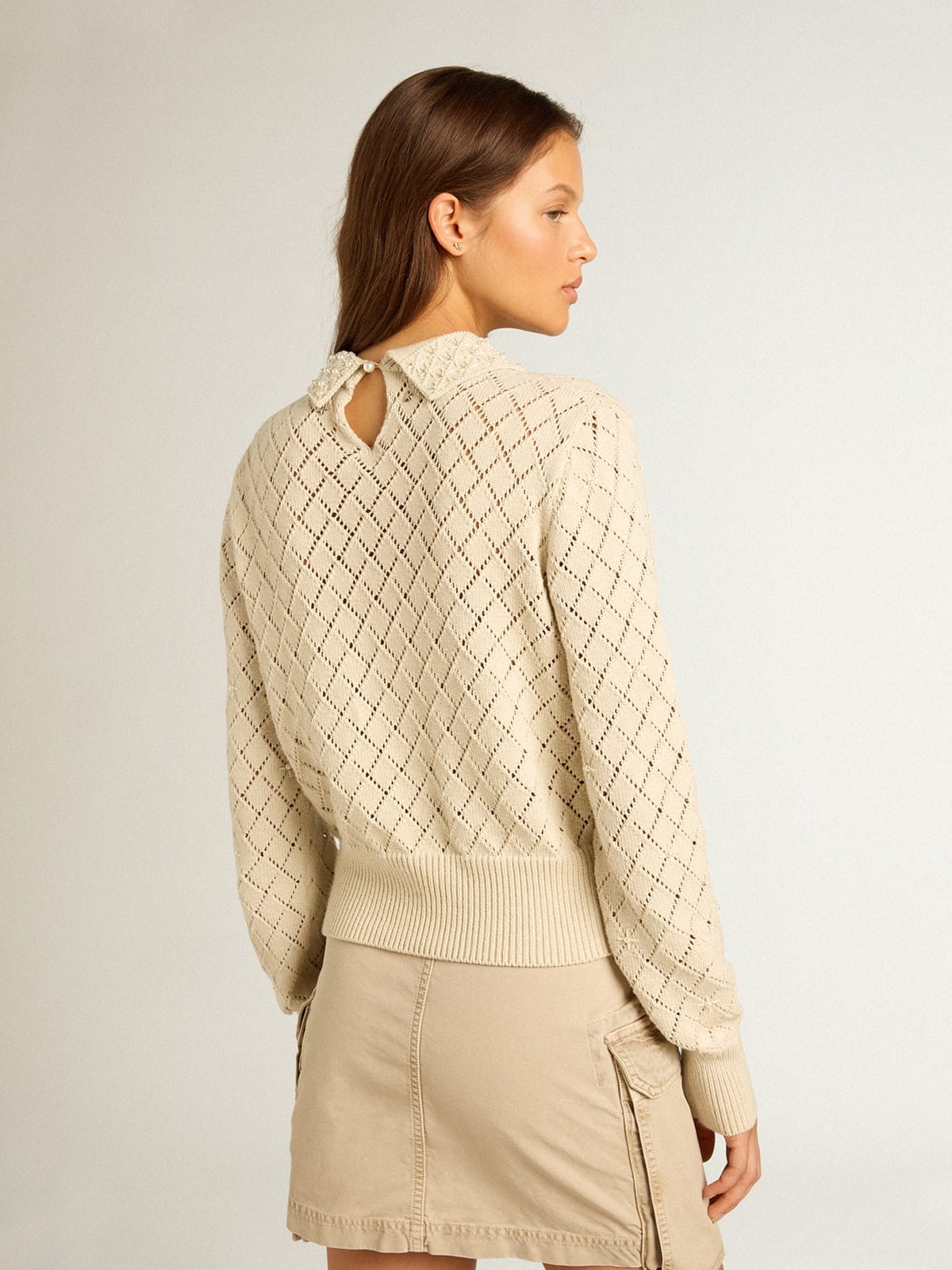 Panama-colored openwork cotton cropped sweater with pearl embroidery - 4