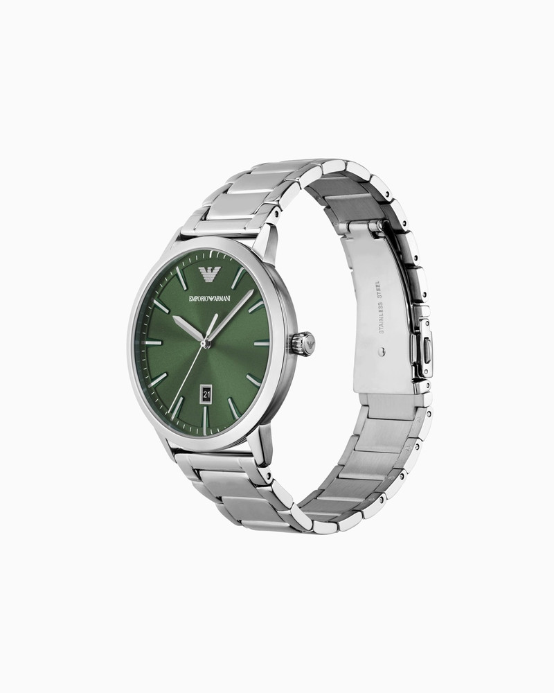 EMPORIO ARMANI THREE-HAND DATE BLACK LEATHER WATCH outlook
