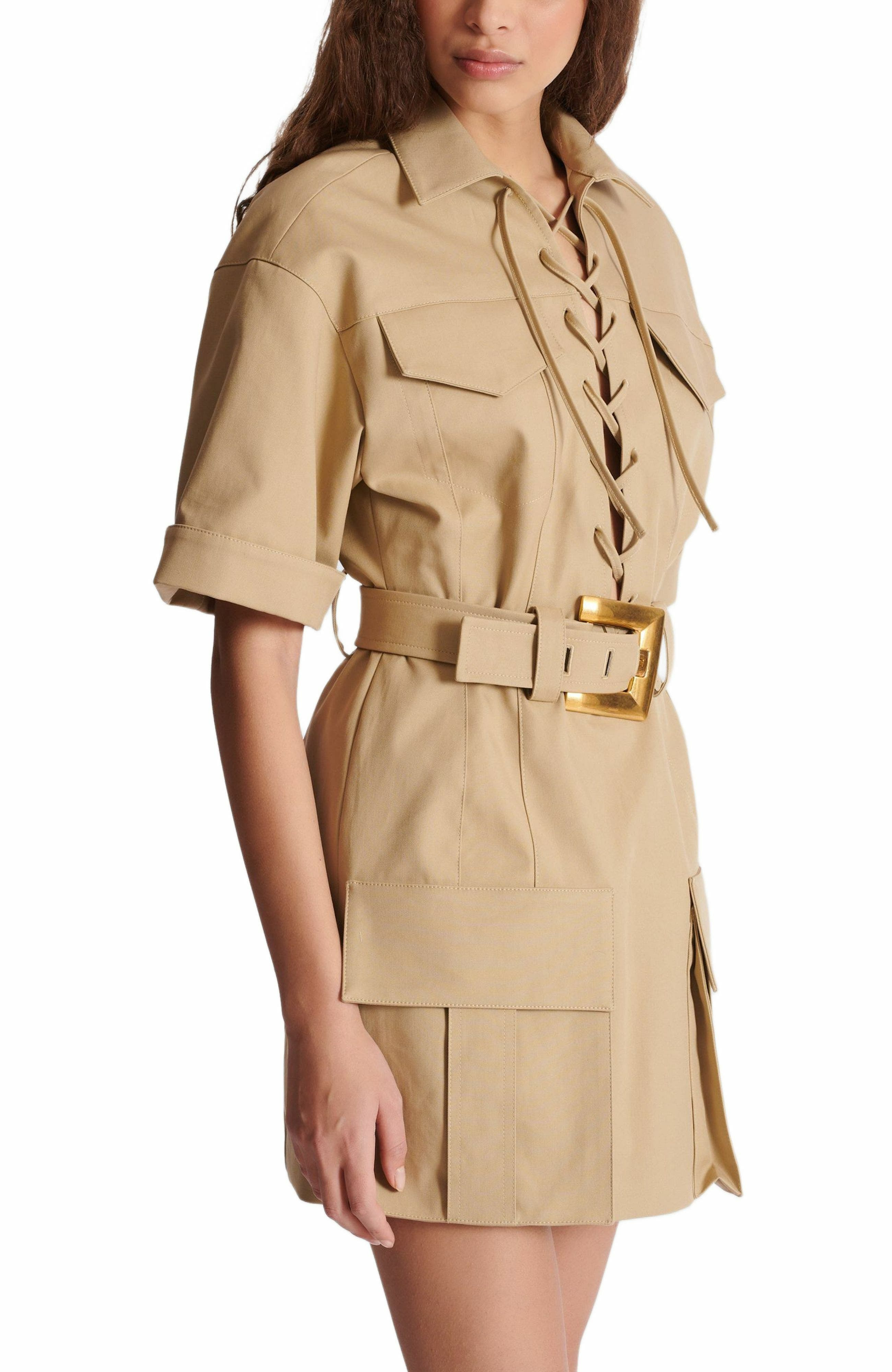 Balmain Short cotton gabardine lace-up dress in Beige at Nordstrom - 4