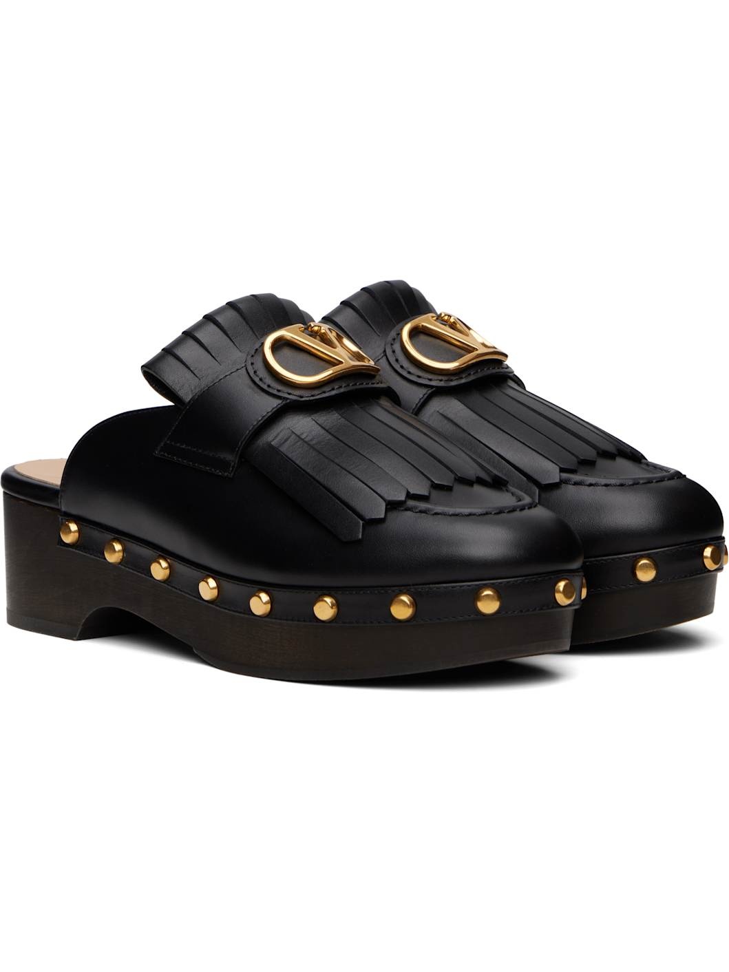 Black VLogo Signature Fringed Calfskin Clogs - 4