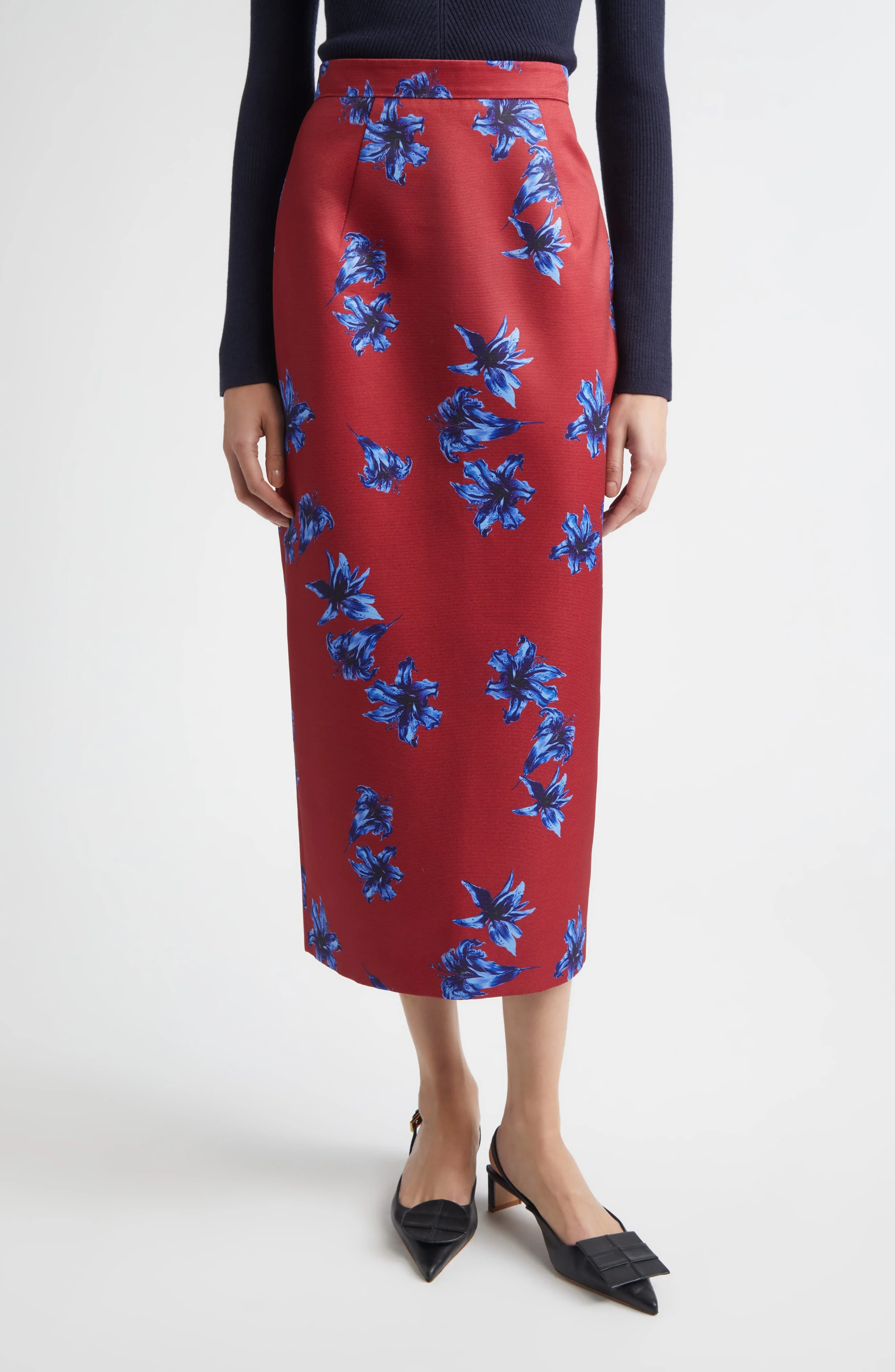 Emilia Wickstead Lorelei Festive Lilies Faille Midi Skirt in Festive Lillies Red Blue at Nordstrom - 1