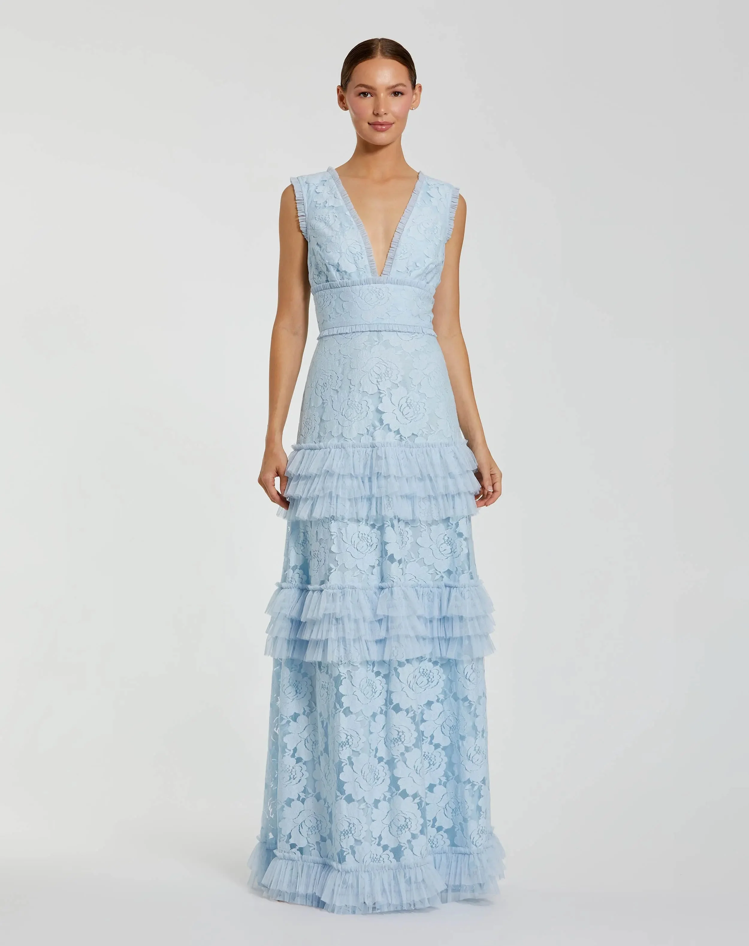Powder Blue V Neck Lace Tiered Ruffle Gown - 1