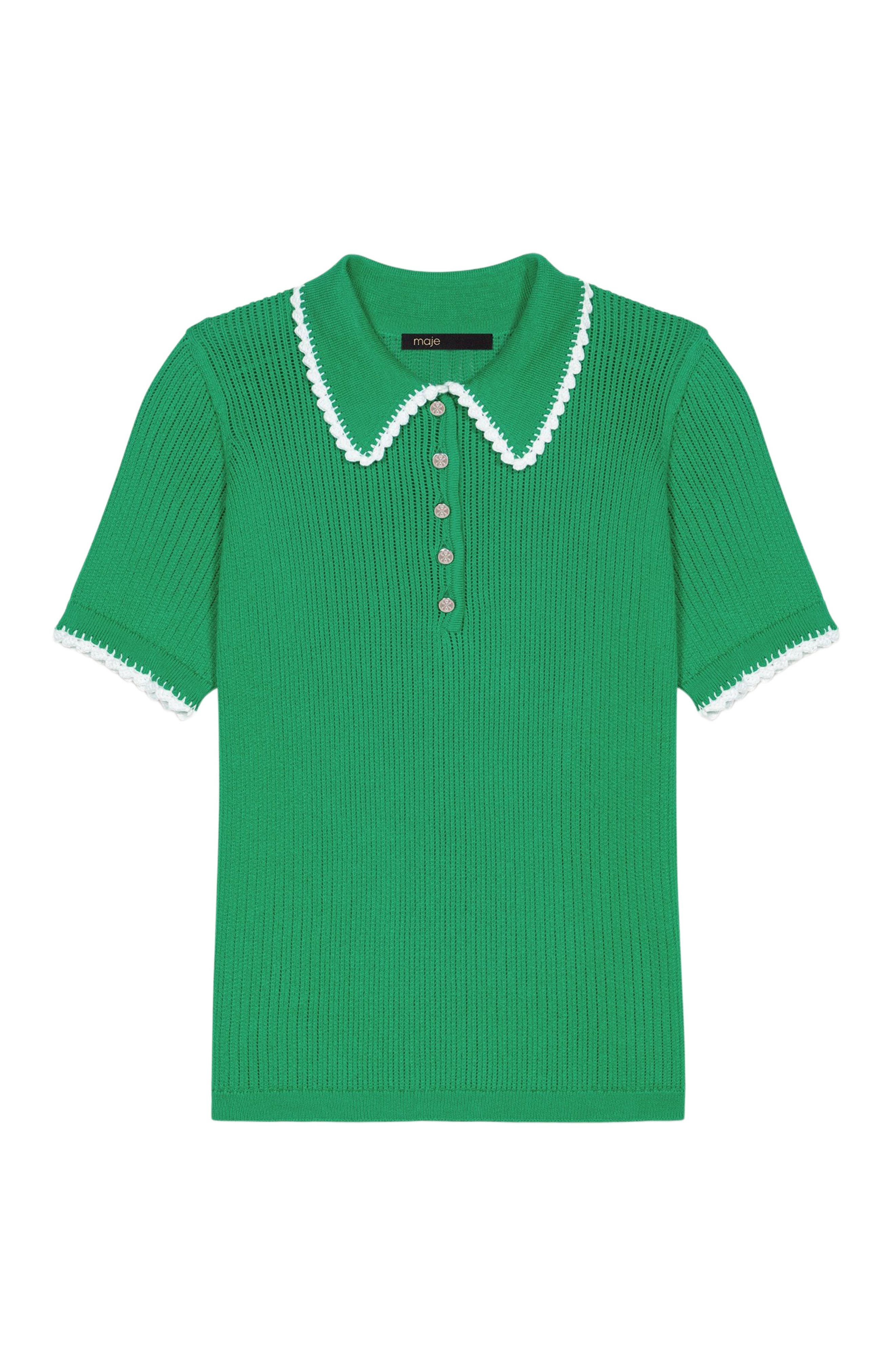 maje Pointelle knit crochet polo in Green /White at Nordstrom - 8