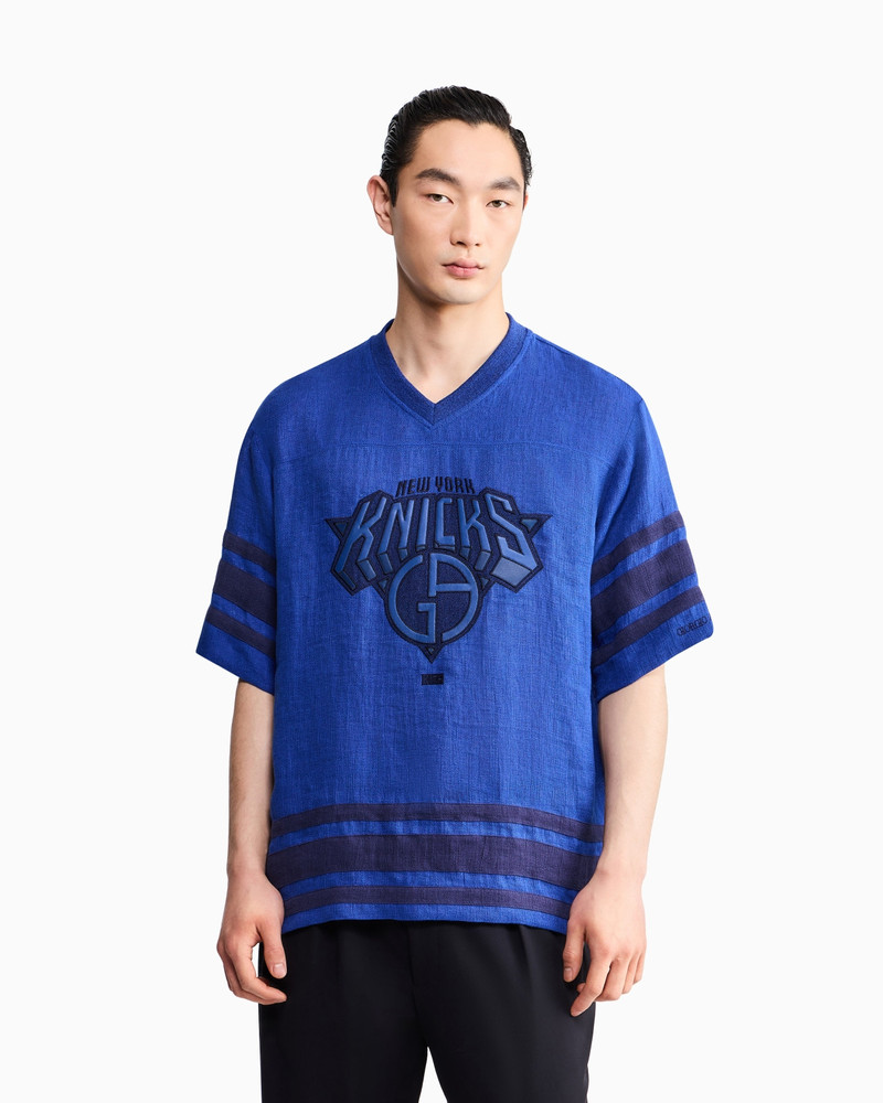 LINEN T-SHIRT WITH STRIPED EDGES AND KITH FOR KNICKS LOGO 3