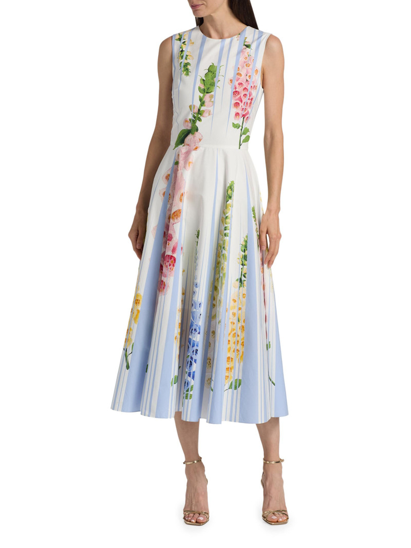 Women's Pleated Foxgloves-Print Cotton Poplin Midi-Dress - Light Blue Mult 6