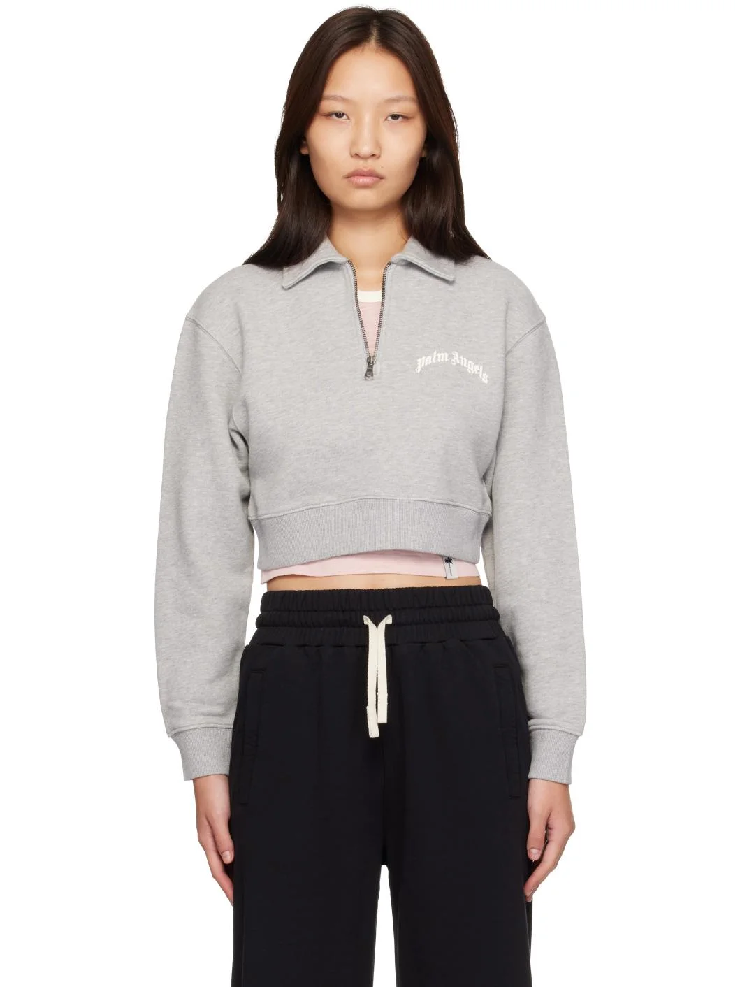 Gray Curved Logo Crop Crew Long Sleeve Polo - 1