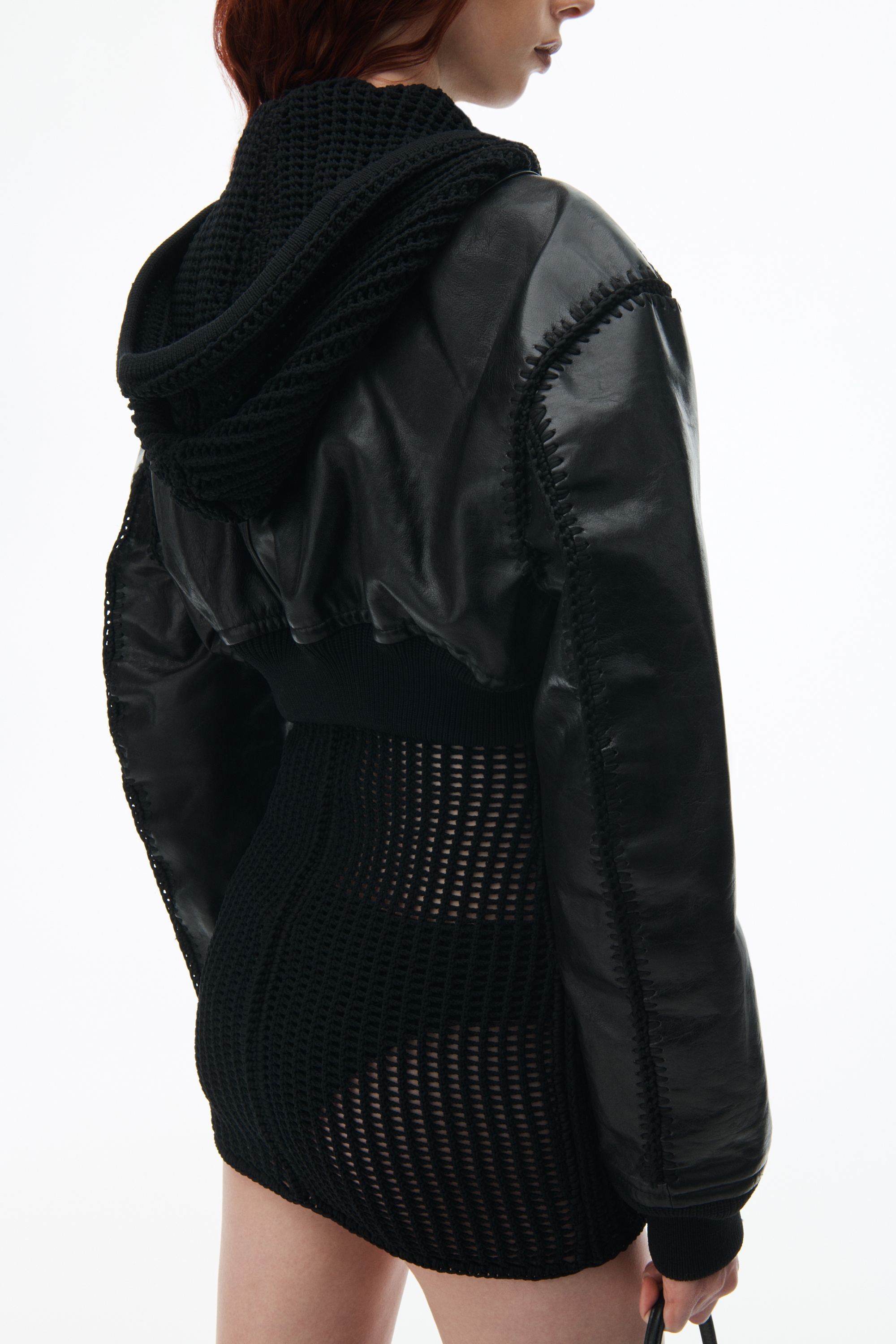 Leather Bomber Jacket With Crochet Hood - 7