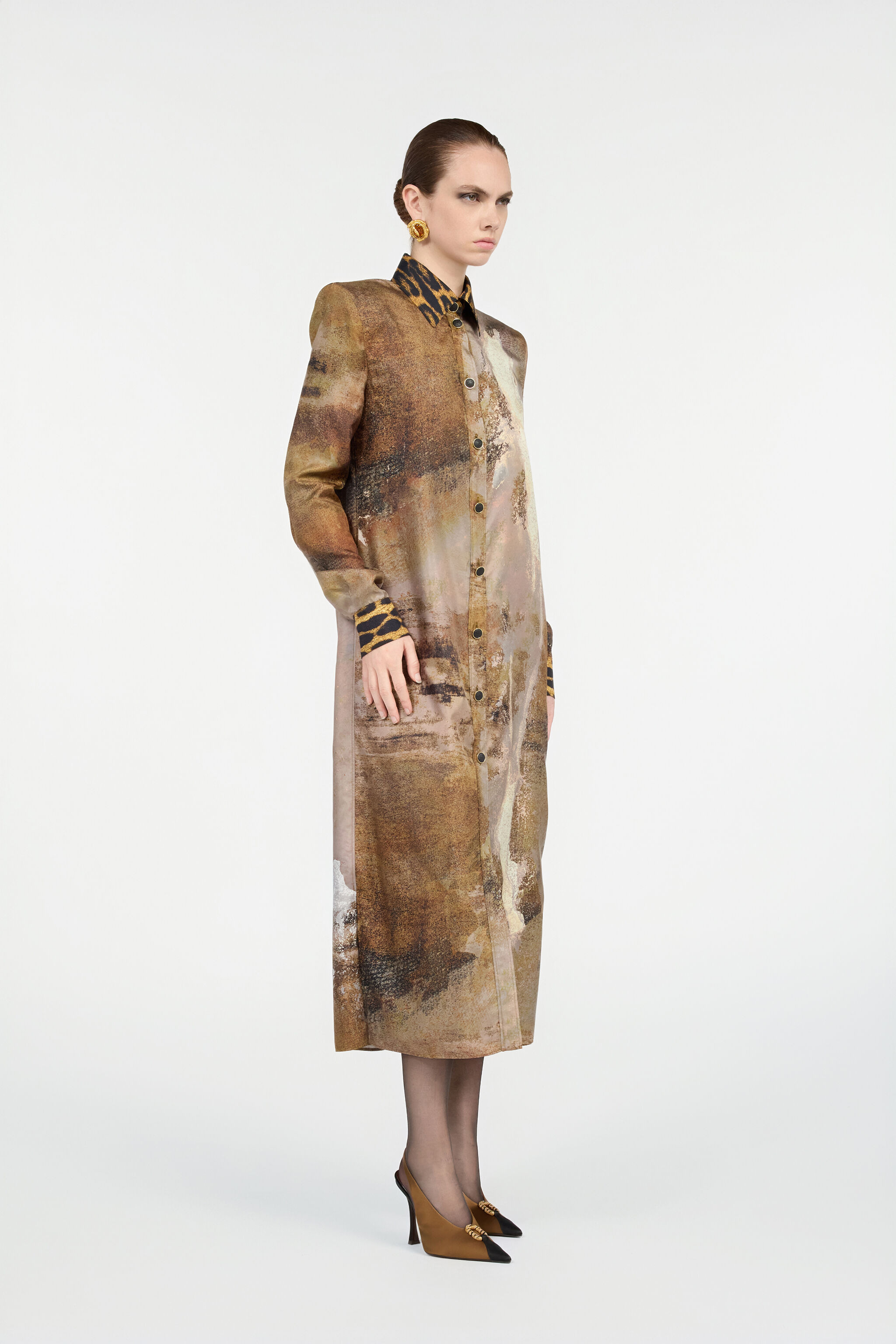 Beige Silk Shirt Dress with Marble Print - 3
