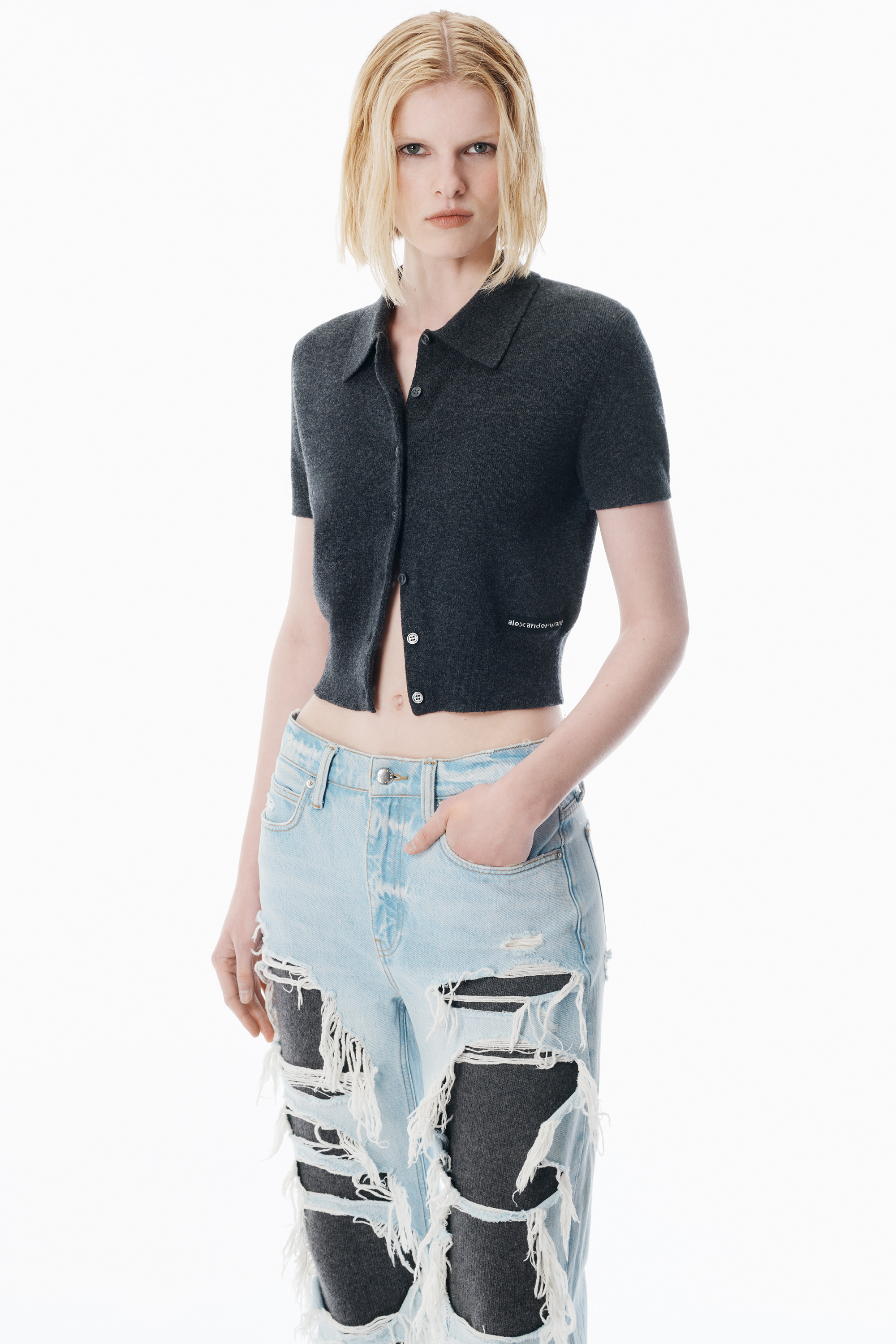 Charcoal Wool Short Sleeve Polo Cardigan - 3