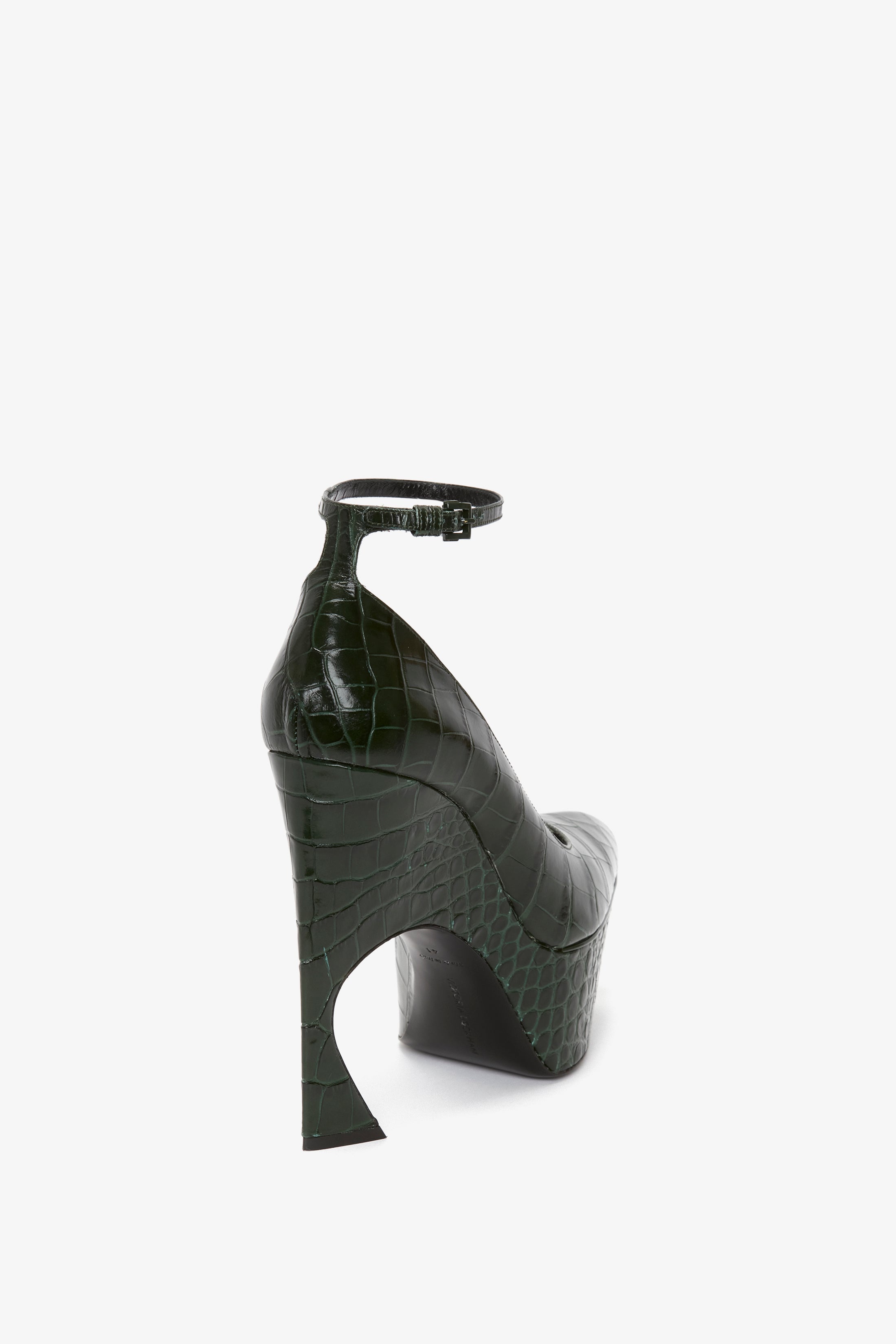Ankle Strap Wedge Pump In Dark Green Croc-Effect Leather - 3