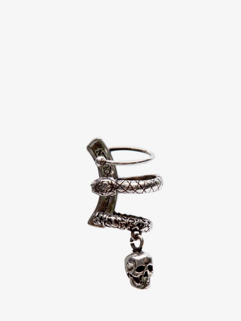 Men's Skull And Snake Ear Cuff in Antique Silver - 1