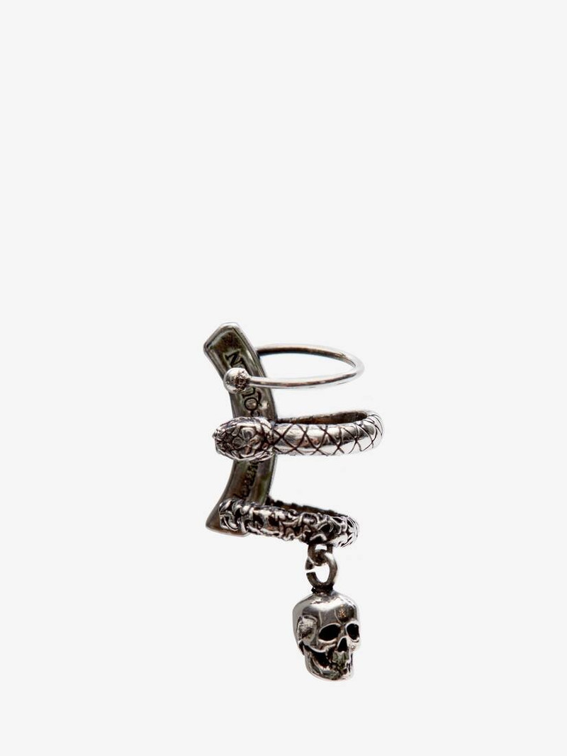 Men's Skull And Snake Ear Cuff in Antique Silver 1