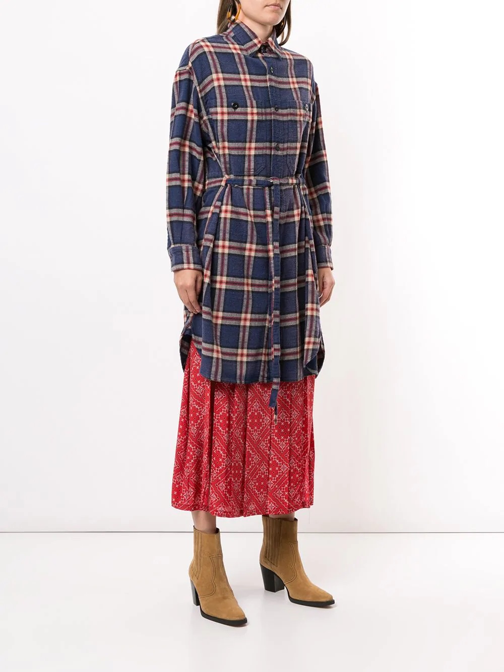 drawstring-waist plaid shirtdress  - 3