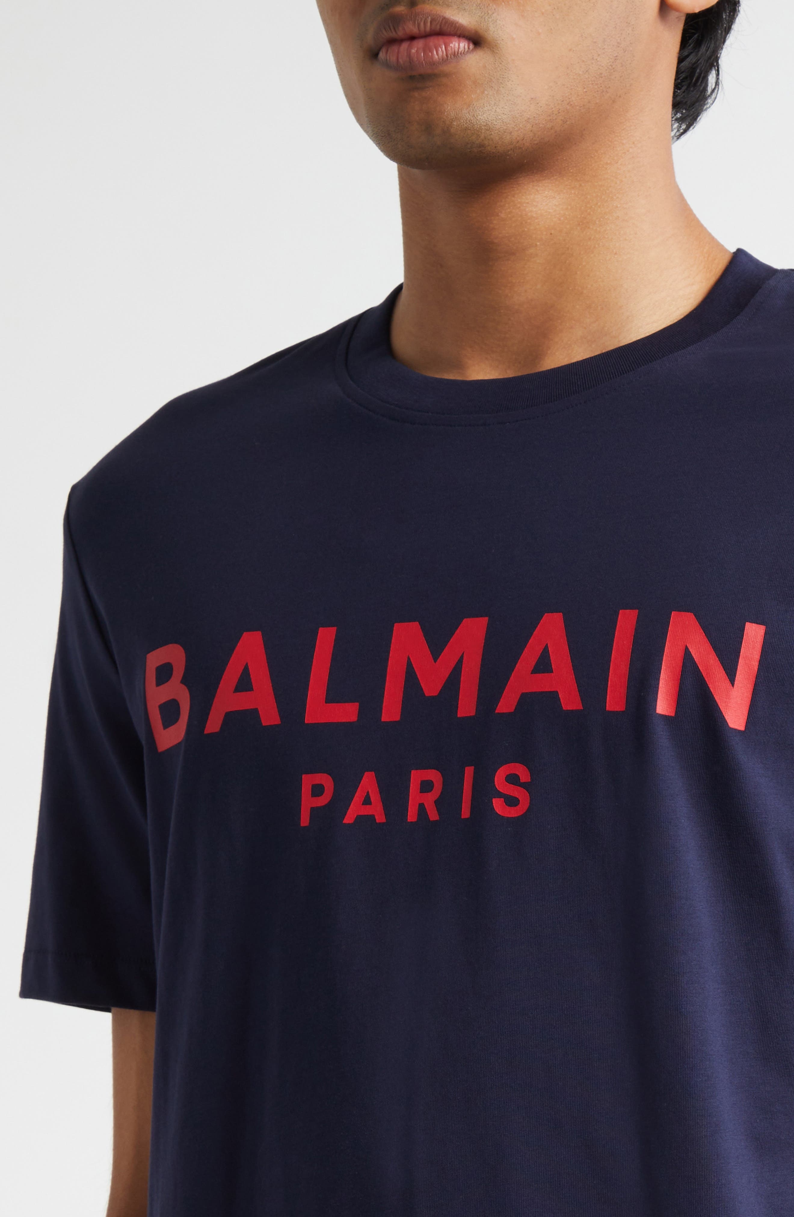 Balmain Regular Fit Logo Graphic T-Shirt in Navy/Red at Nordstrom - 4