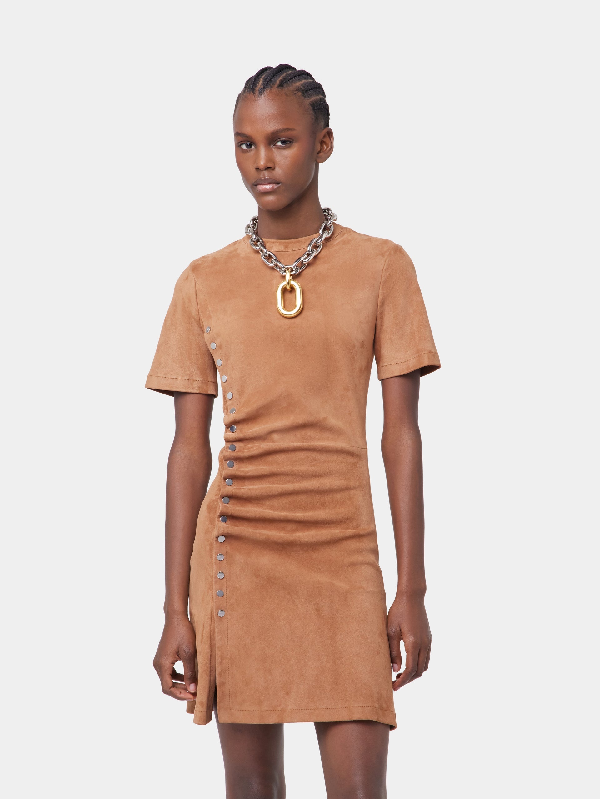 CARAMEL SHORT CAMEL DRAPED DRESS IN LEATHER - 3