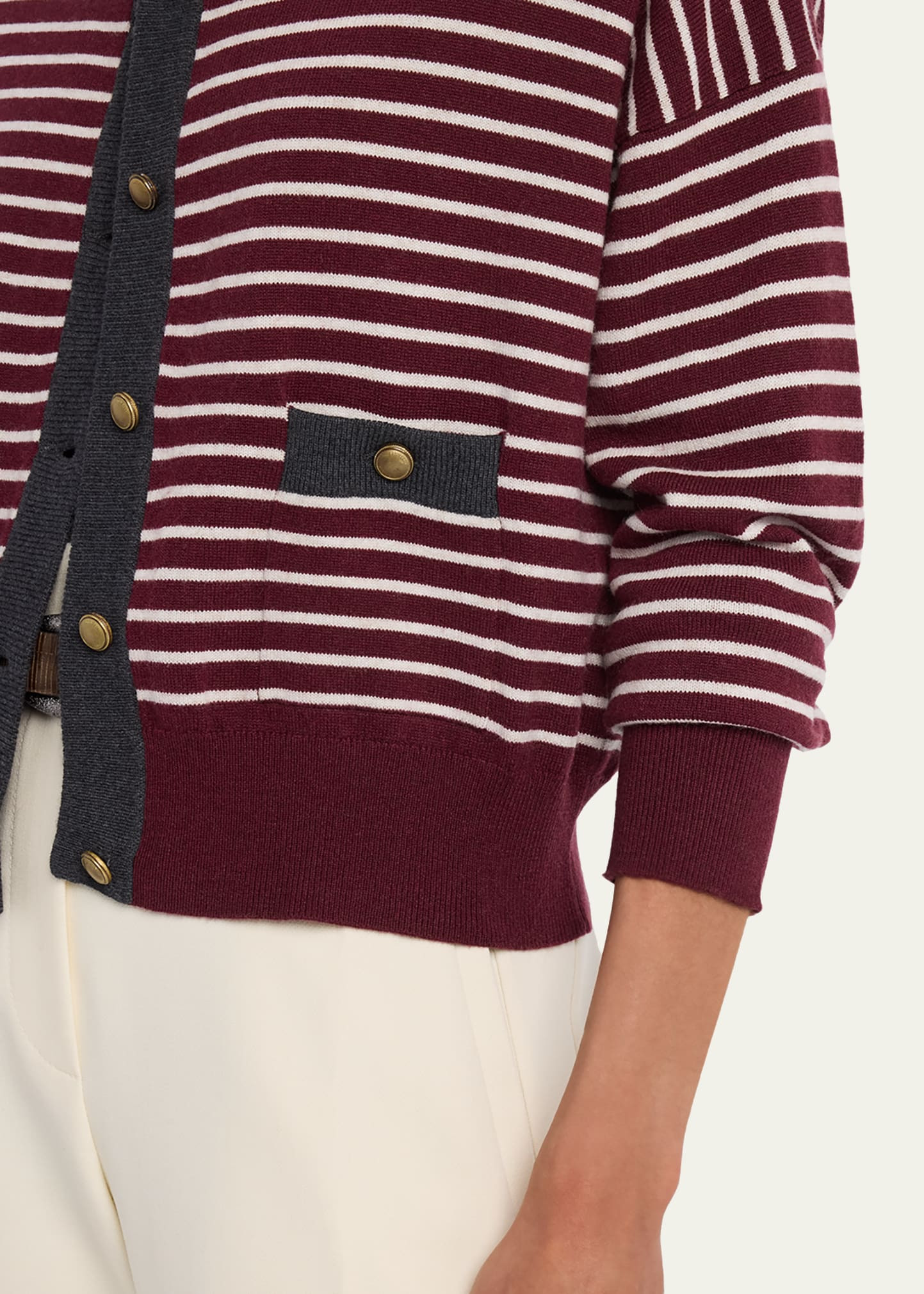 Striped Wool-Cashmere Crewneck Cardigan - 5