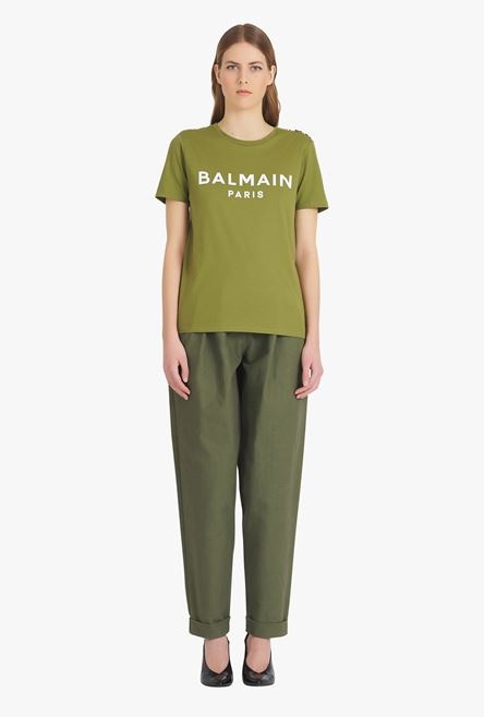 Khaki eco-designed cotton T-shirt with white Balmain logo print - 4