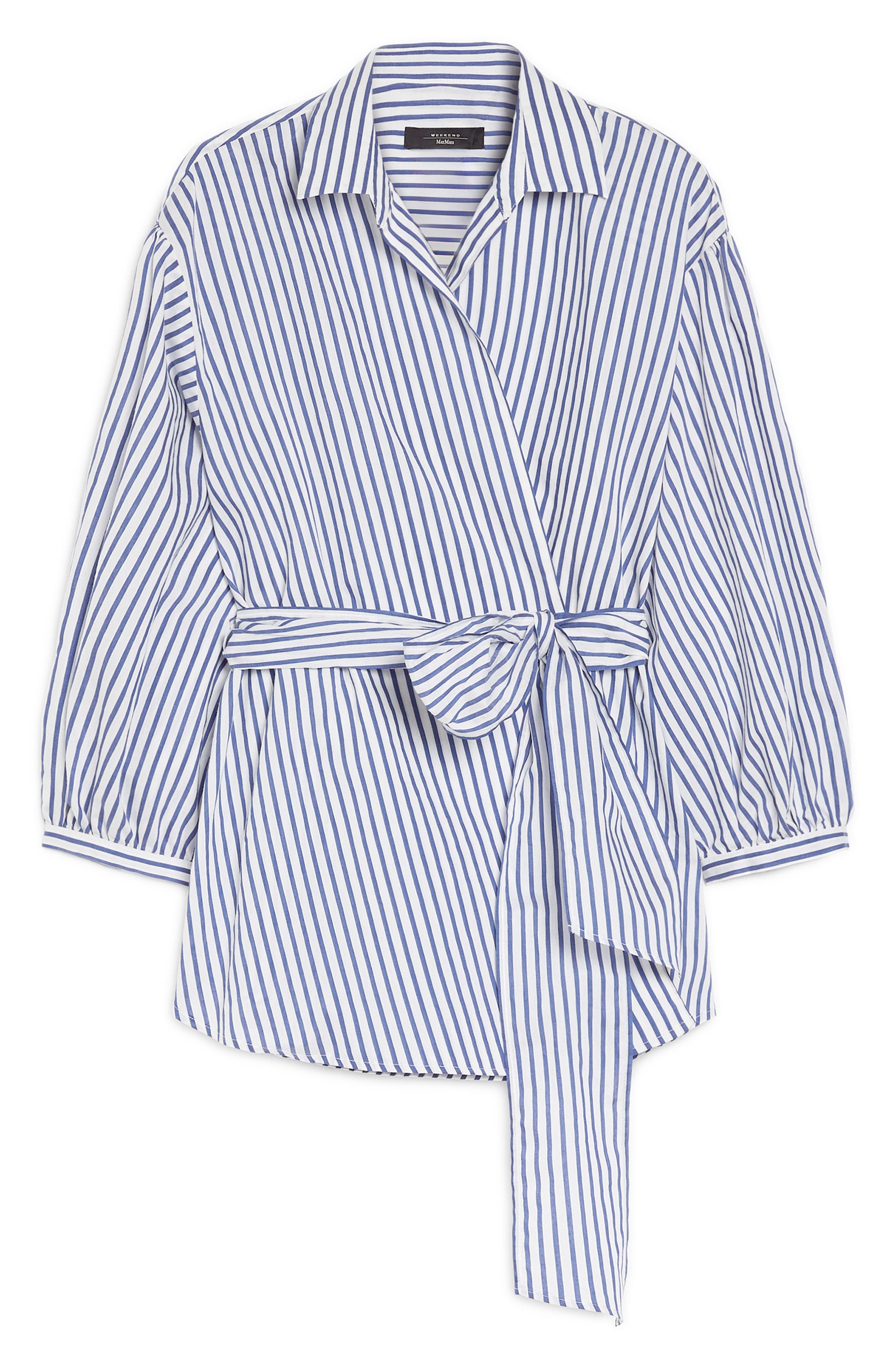Weekend Max Mara Ceci Stripe Tie Waist Cotton & Silk Shirt in Cornflower Blue at Nordstrom - 4