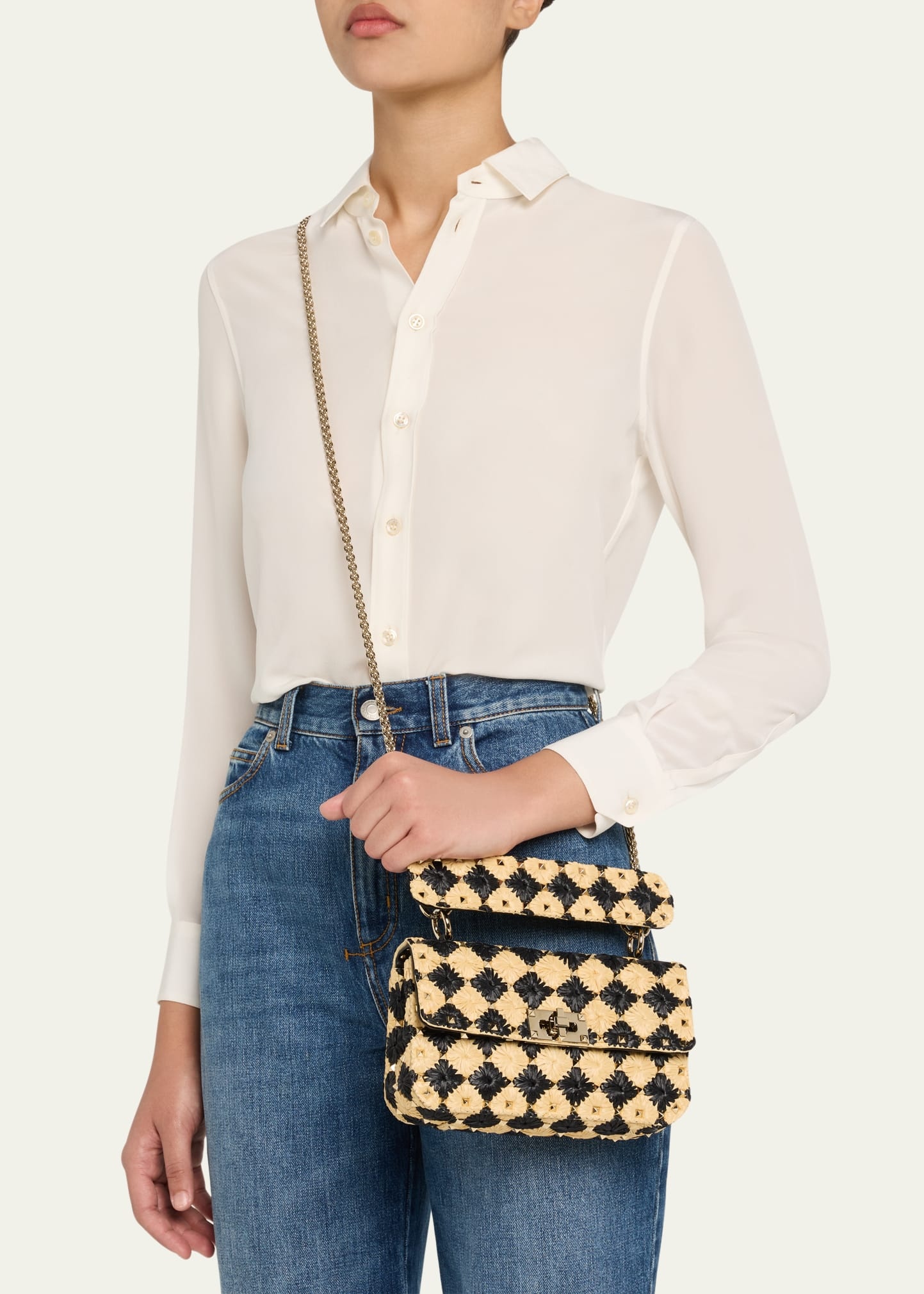 Rockstud Checkered Woven Shoulder Bag - 2