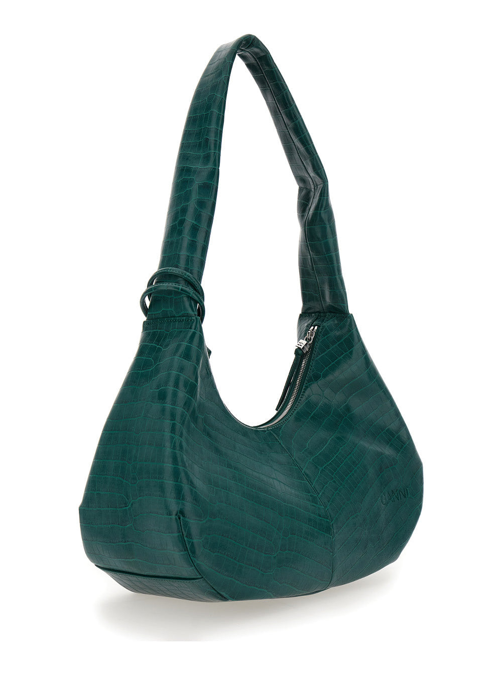 Ganni Women 'Medium Bou' Green Shoulder Bag With Crocodile Leather Effect And Logo Plaque In Leather - 3