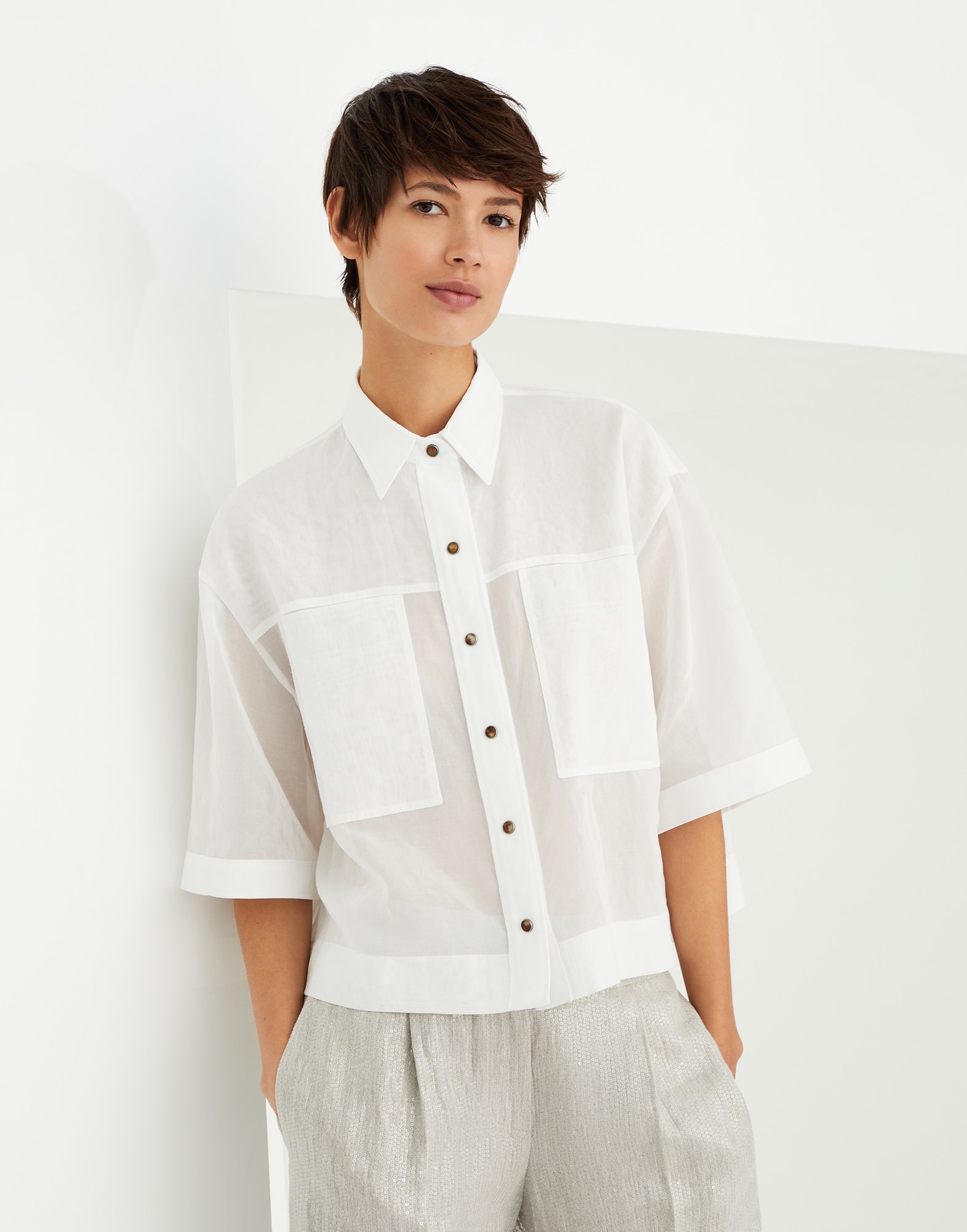 Cotton organza shirt with shiny tab - 1