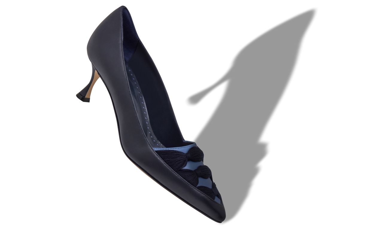 Navy Blue Nappa Leather Ruched Pumps - 2