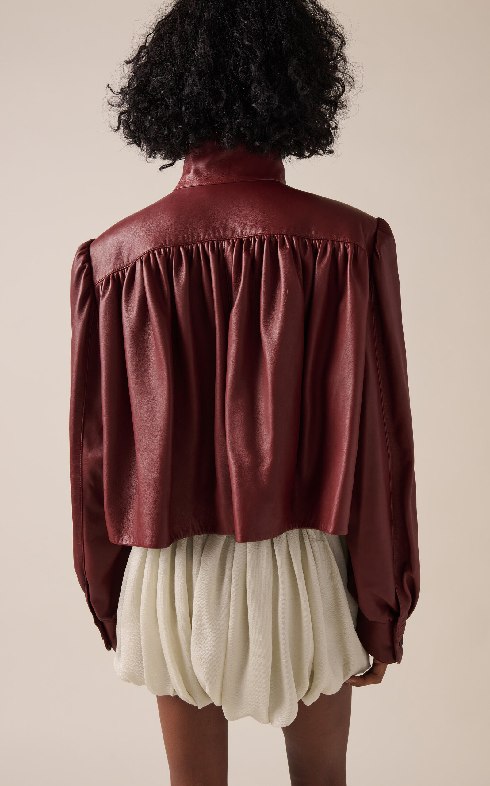 Puff-Sleeve Plonge Leather Cropped Jacket burgundy - 4