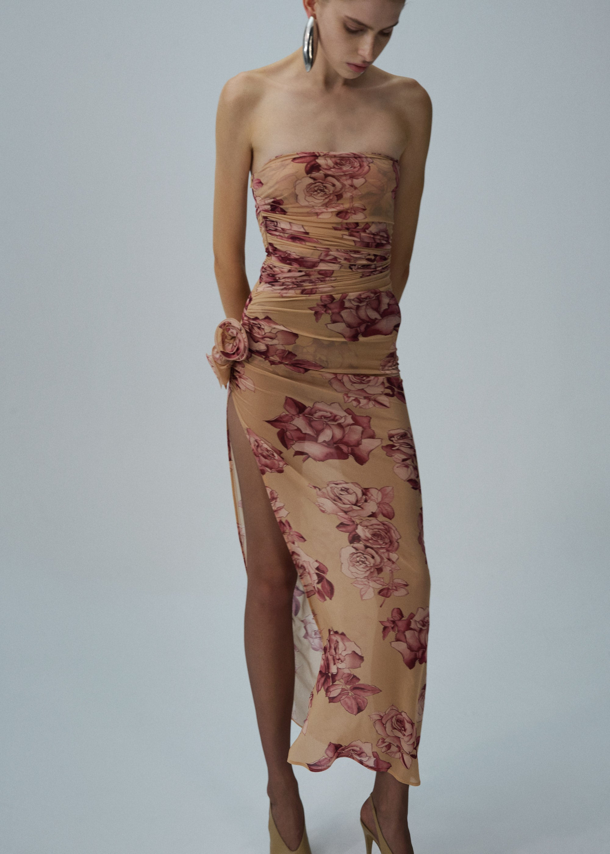 Strapless flower applique midi dress in beige print - 3