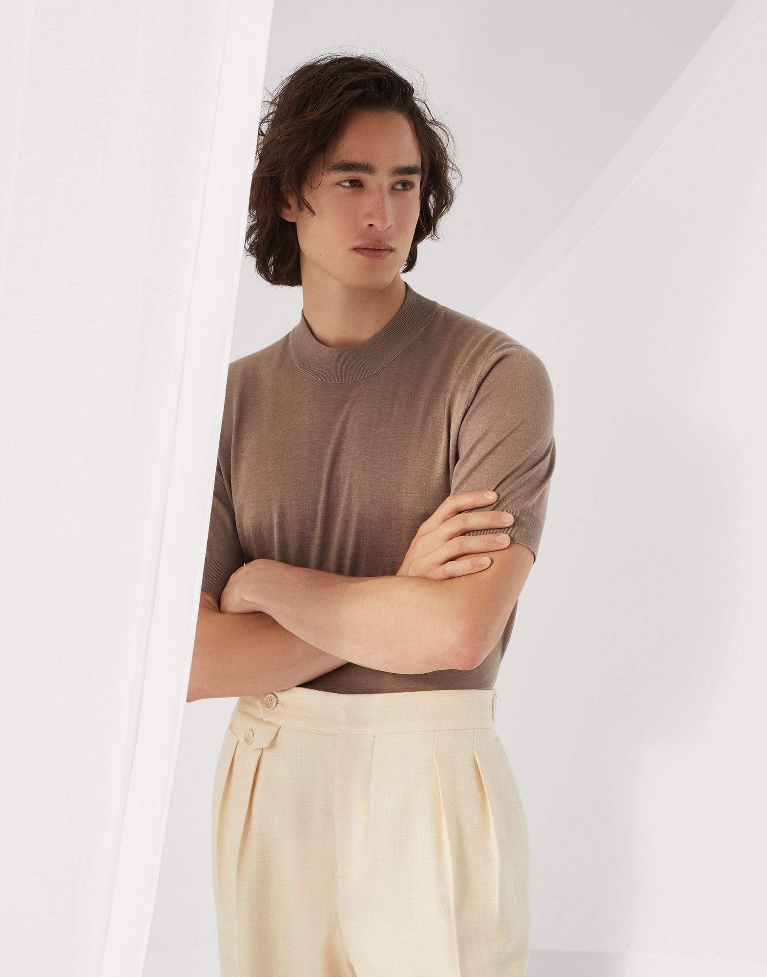 Extra-light silk and cotton knit T-shirt with mock neck - 4