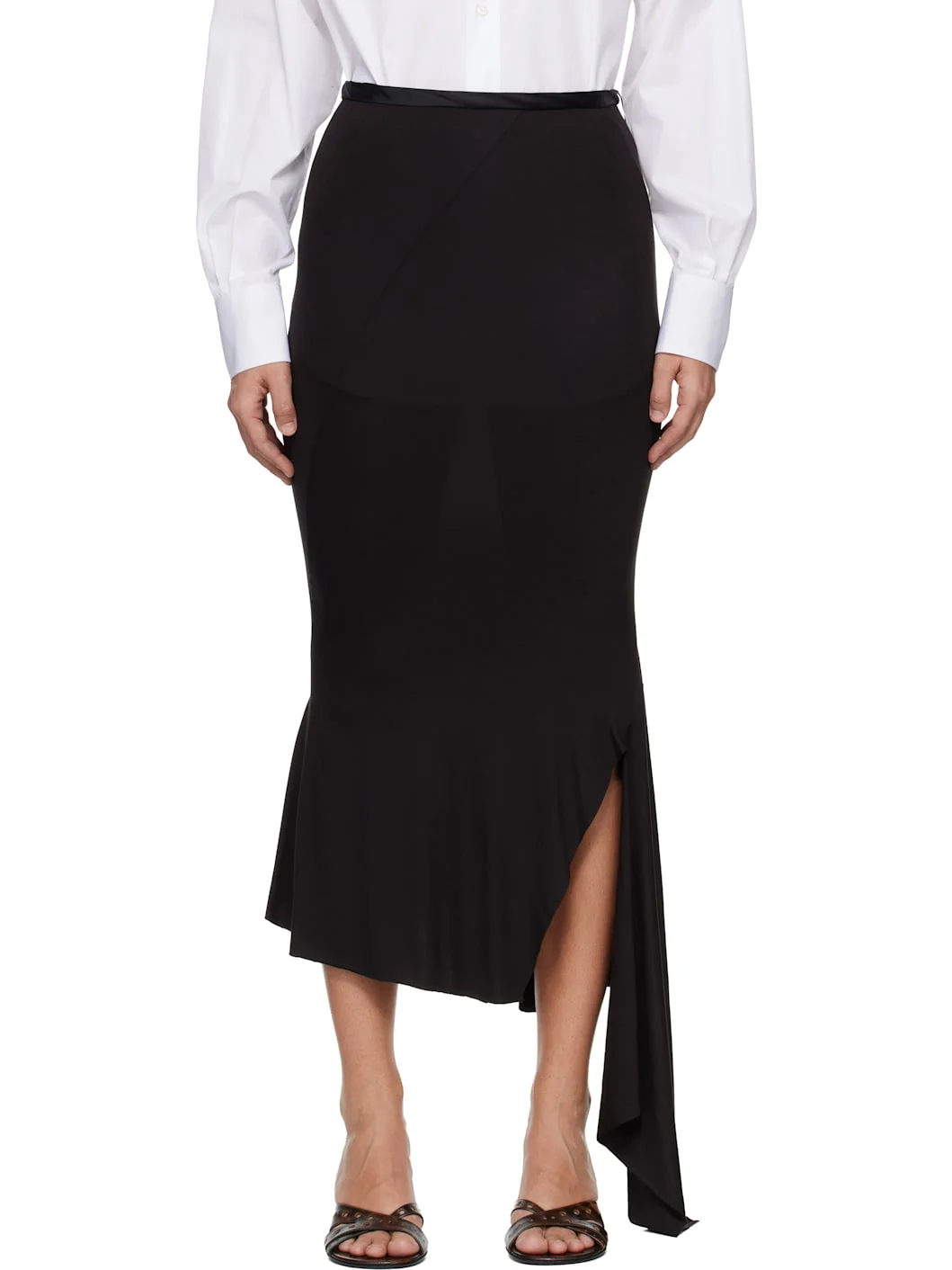 Black Jersey & Satin Fishtail Midi Skirt - 1