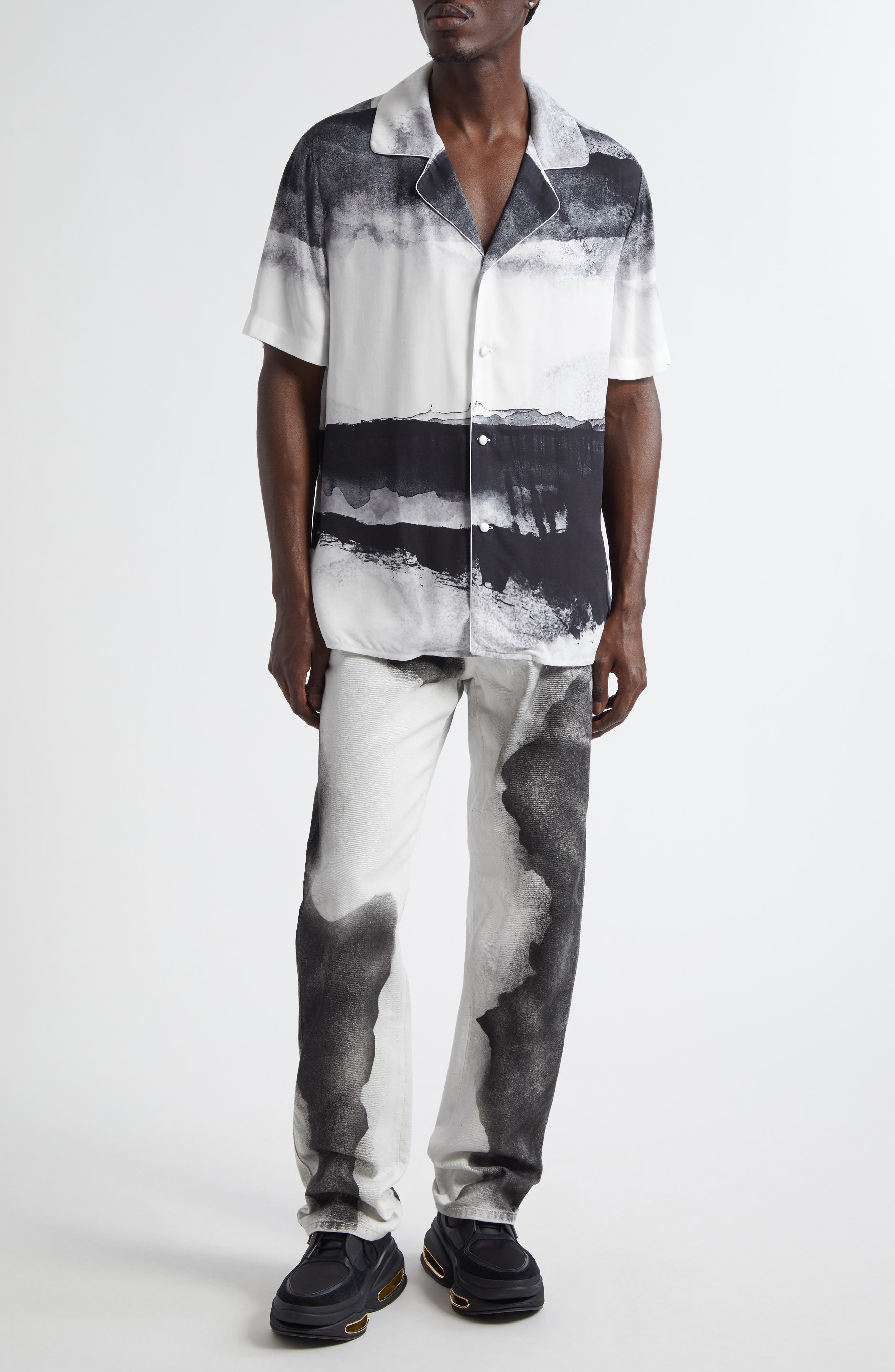 Balmain Moon Print Straight Leg Jeans in White/Black at Nordstrom - 2
