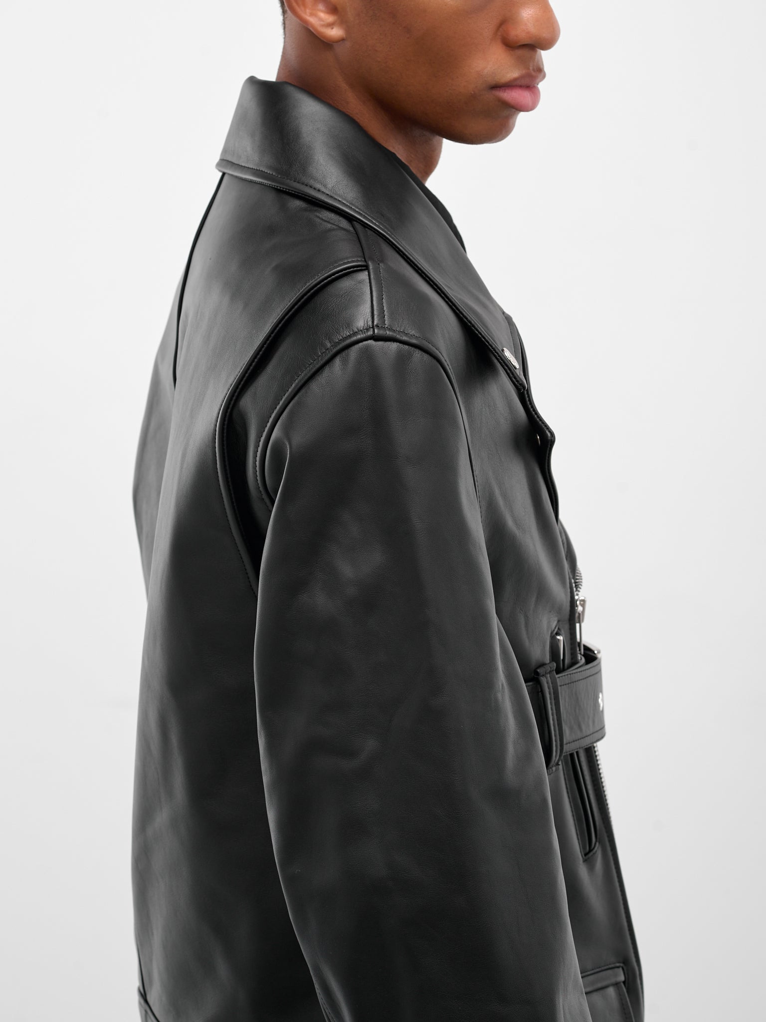 Black Leather Belted Biker Jacket - 4