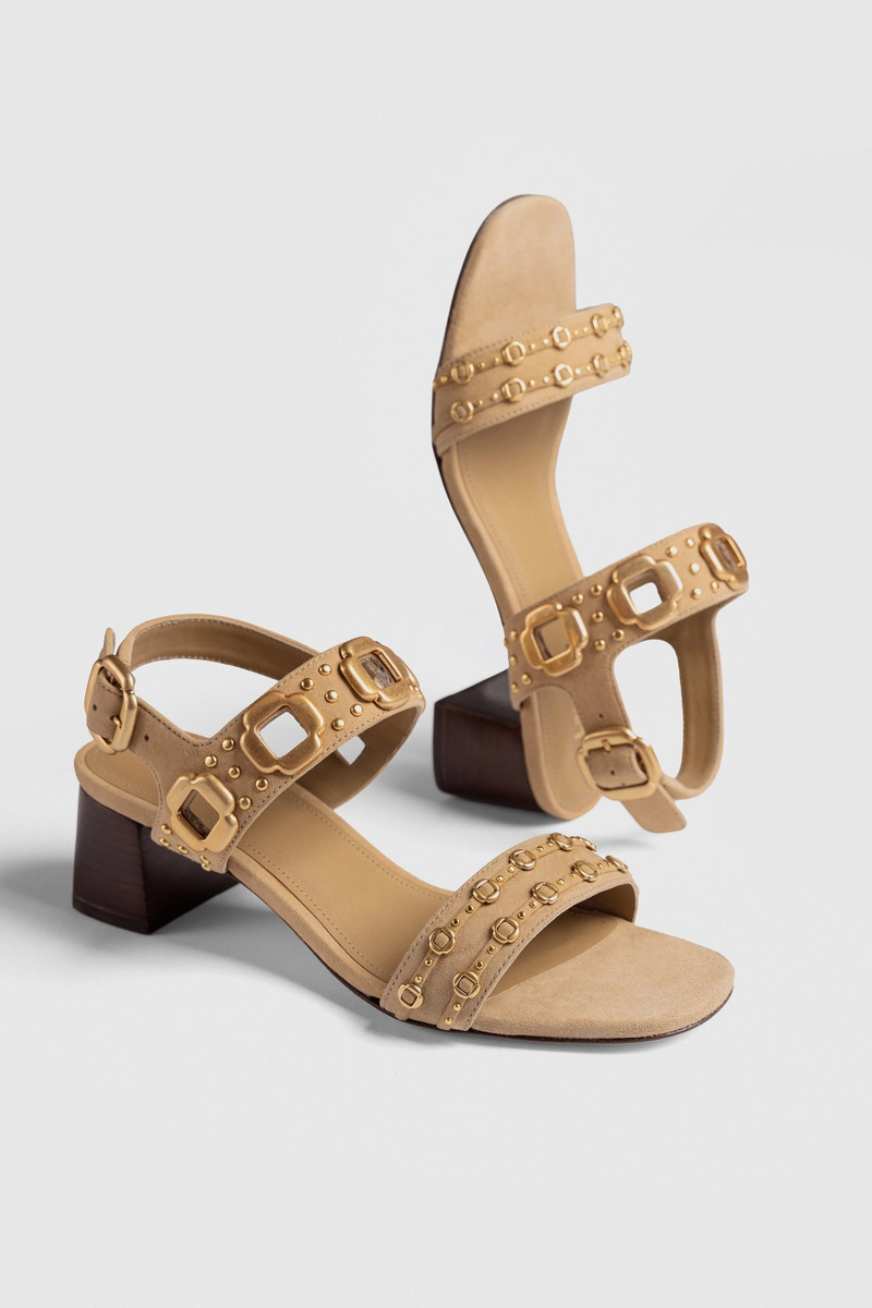 Larroudé Milan Studs Block Sandal In Peanut Suede outlook