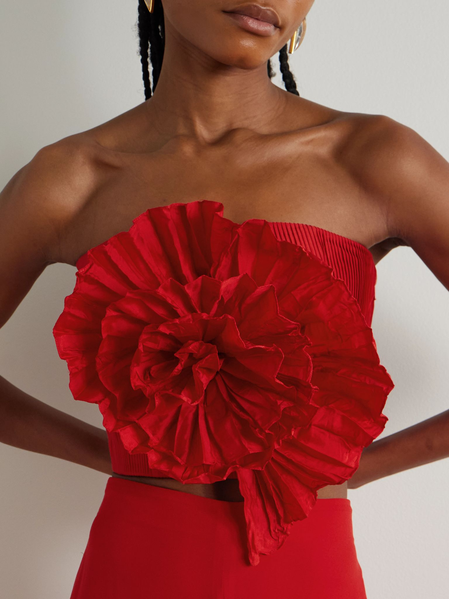 No Me Olvides appliquéd pleated taffeta top Red - 3