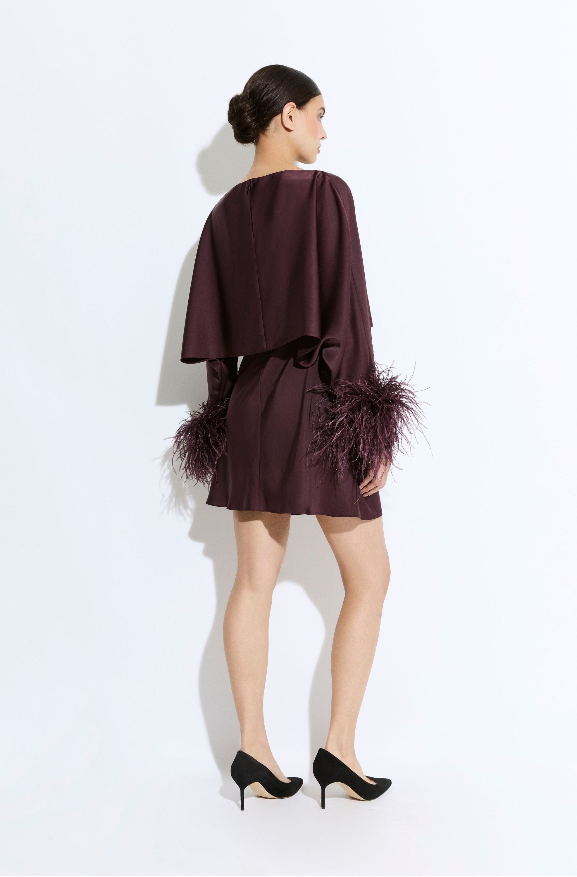 Lightweight Satin Layered Mini Dress With Feathers - 3
