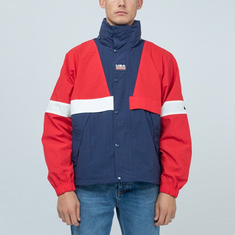 Men's Nike Lab Swoosh Stripe Splicing Storage Simple Colorblock Hooded Jacket Blue 'University Red M - 3