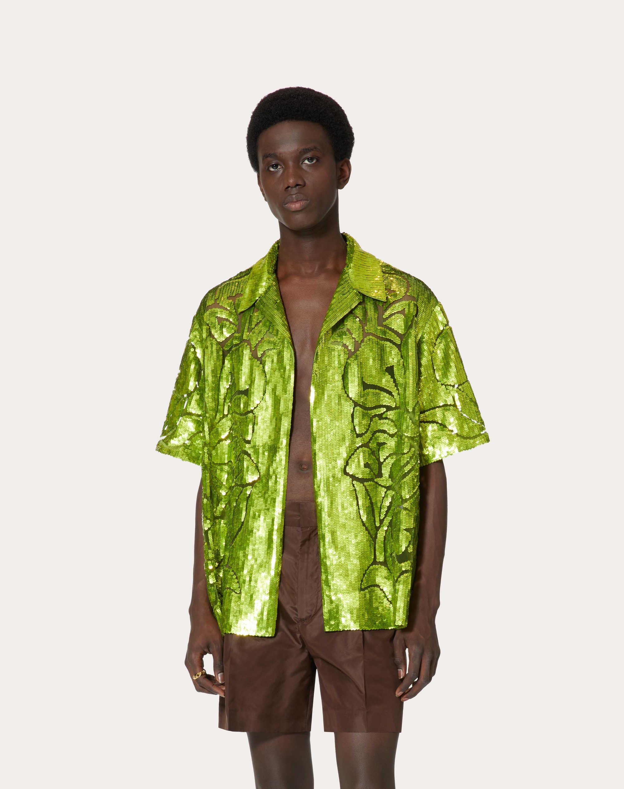 NYLON BOWLING SHIRT WITH SEQUINS AND FLORAL CUT-OUT EMBROIDERY - 3