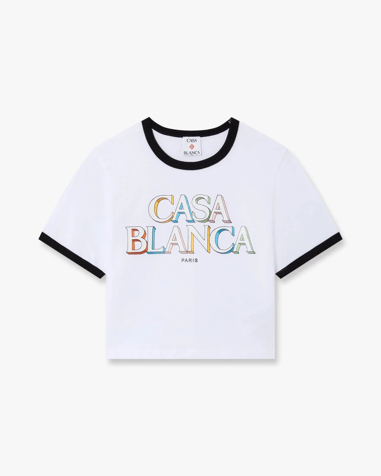 White Stacked Logo Cropped Baby Short Sleeve T-Shirt | Casablanca Paris - 1