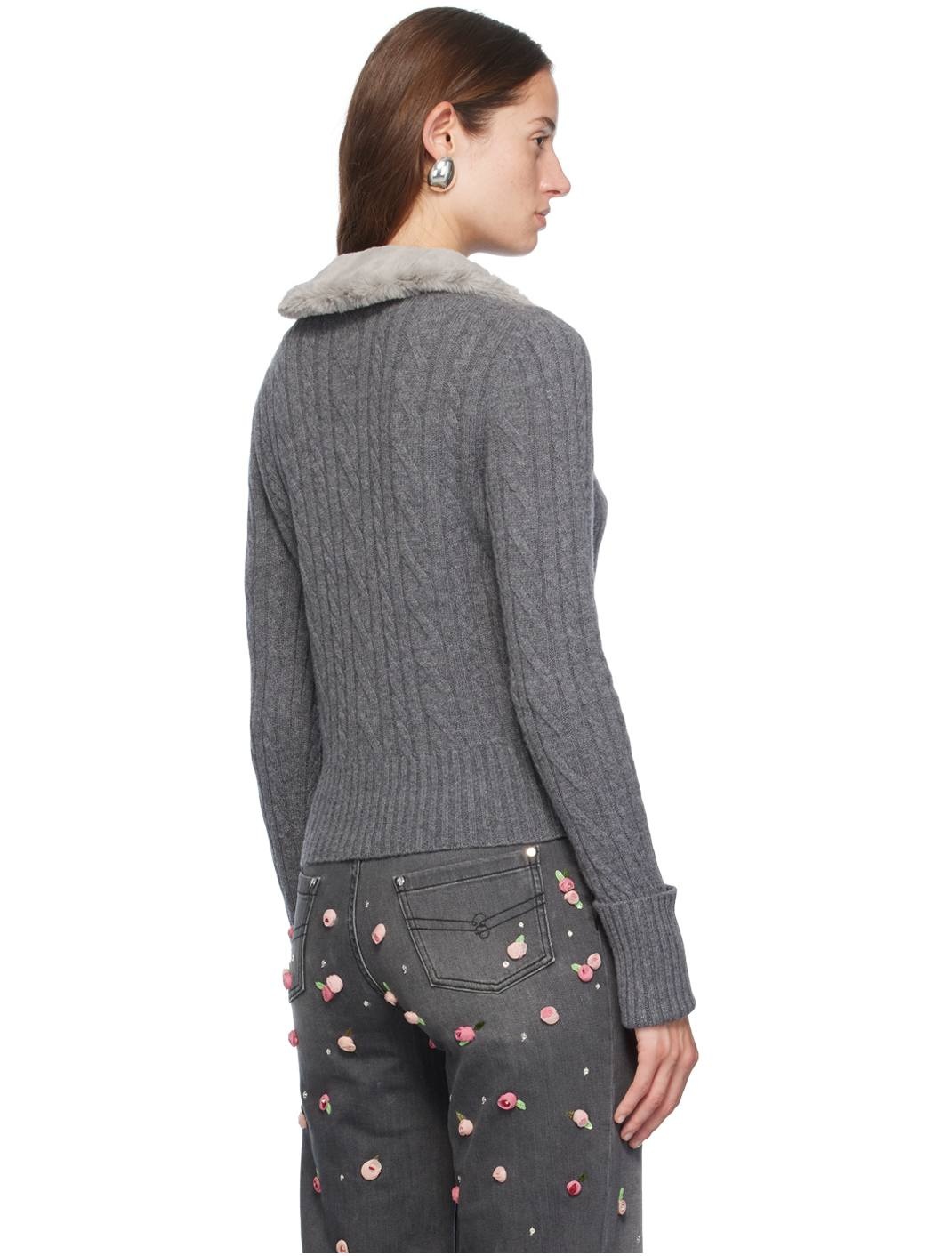 Gray Faux-Fur Collar Cardigan - 3