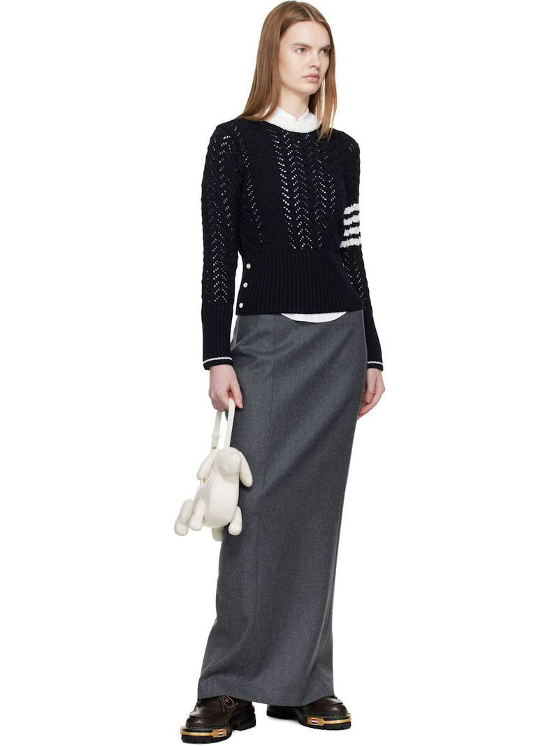 Thom Browne Navy Cable Pointelle Stitch Classic 4-Bar Sweater outlook