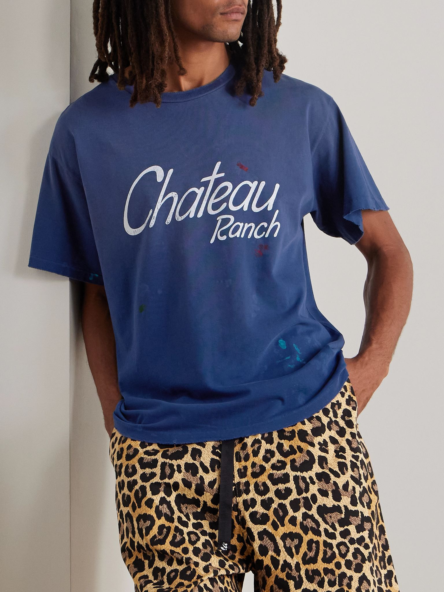 Chateau Ranch Distressed Printed Supima Cotton-Jersey T-Shirt Navy - 3