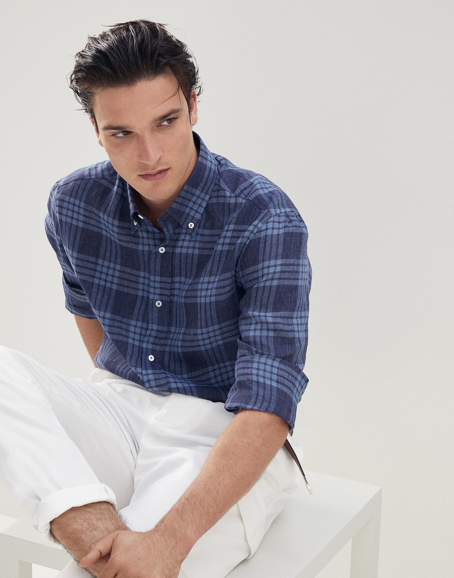 Linen tartan basic fit shirt with button-down collar - 4