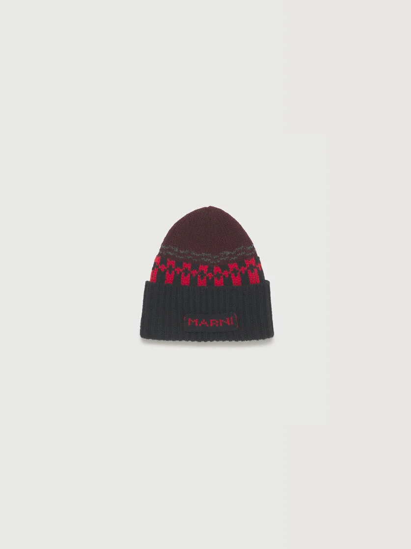 RED WOOL BEANIE WITH GEOMETRIC MOTIF - 1