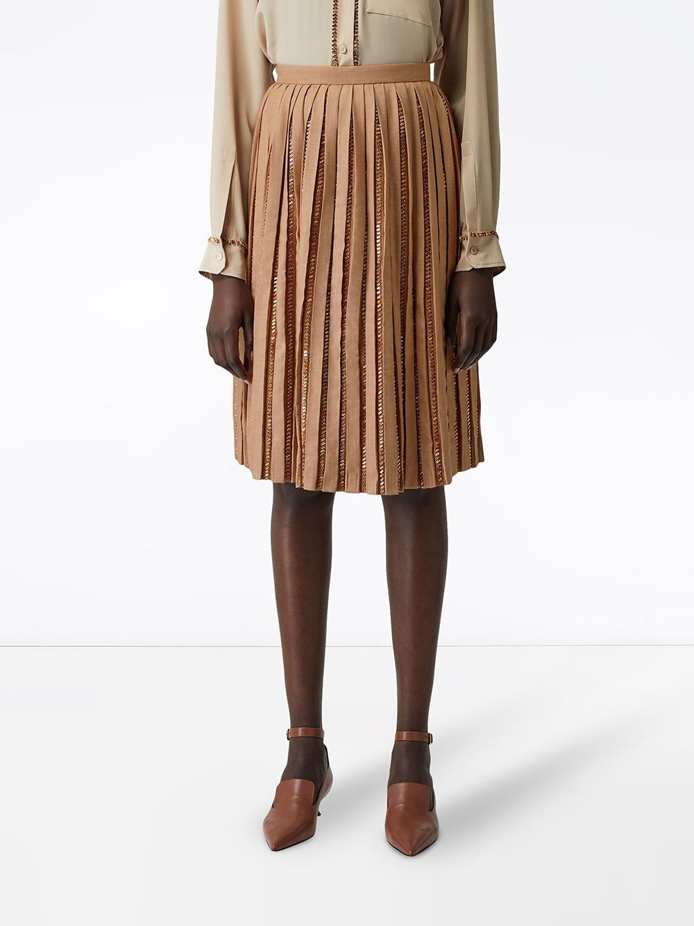 Crystal Detail Plissé Soleil Wool Silk Blend Skirt - 3