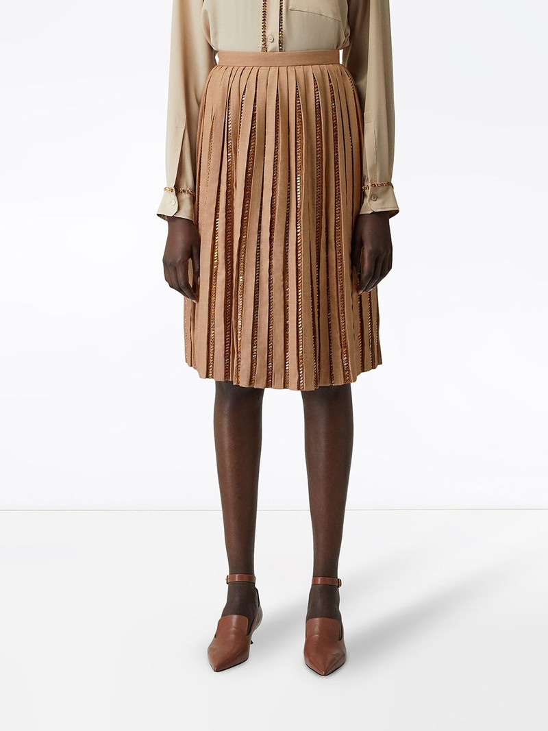 Crystal Detail Plissé Soleil Wool Silk Blend Skirt 3