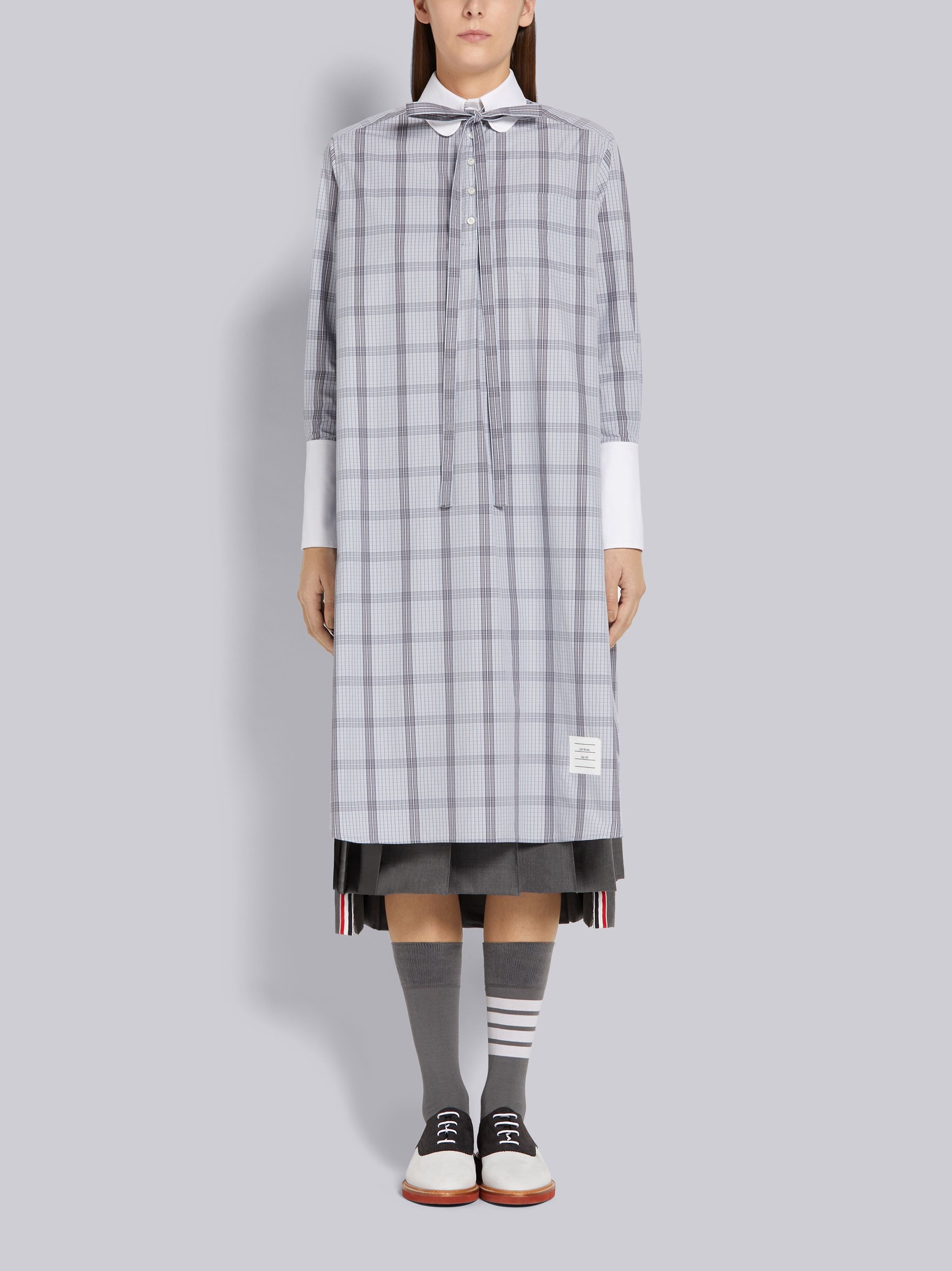 Medium Grey Small Grid Windowpane Check Poplin Bow Tie Blouson Long-sleeved Knee-length Shirtdress - 1