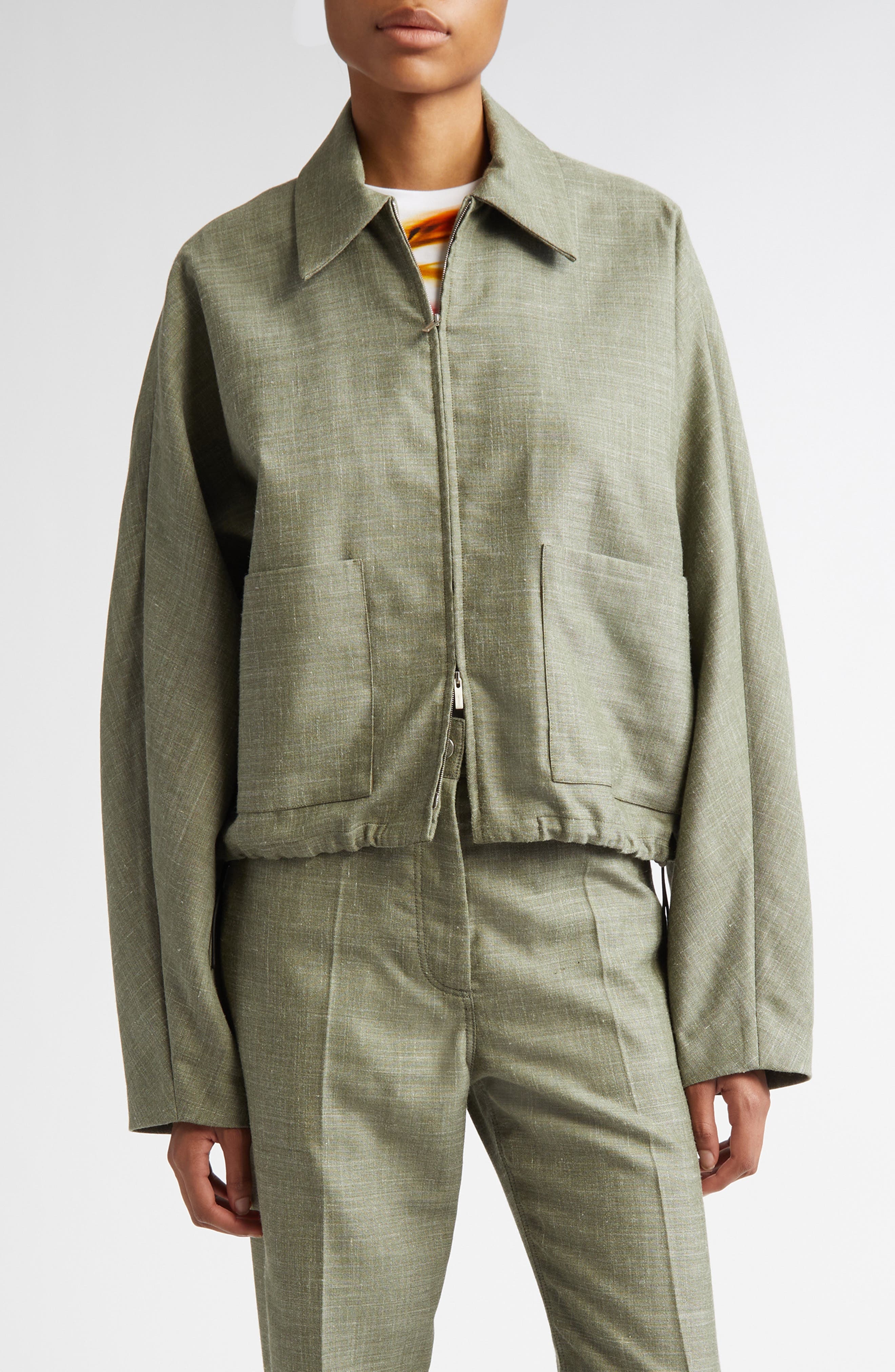 FERRAGAMO Patch Pocket Virgin Wool & Silk Blend Jacket in Olive/White at Nordstrom - 1